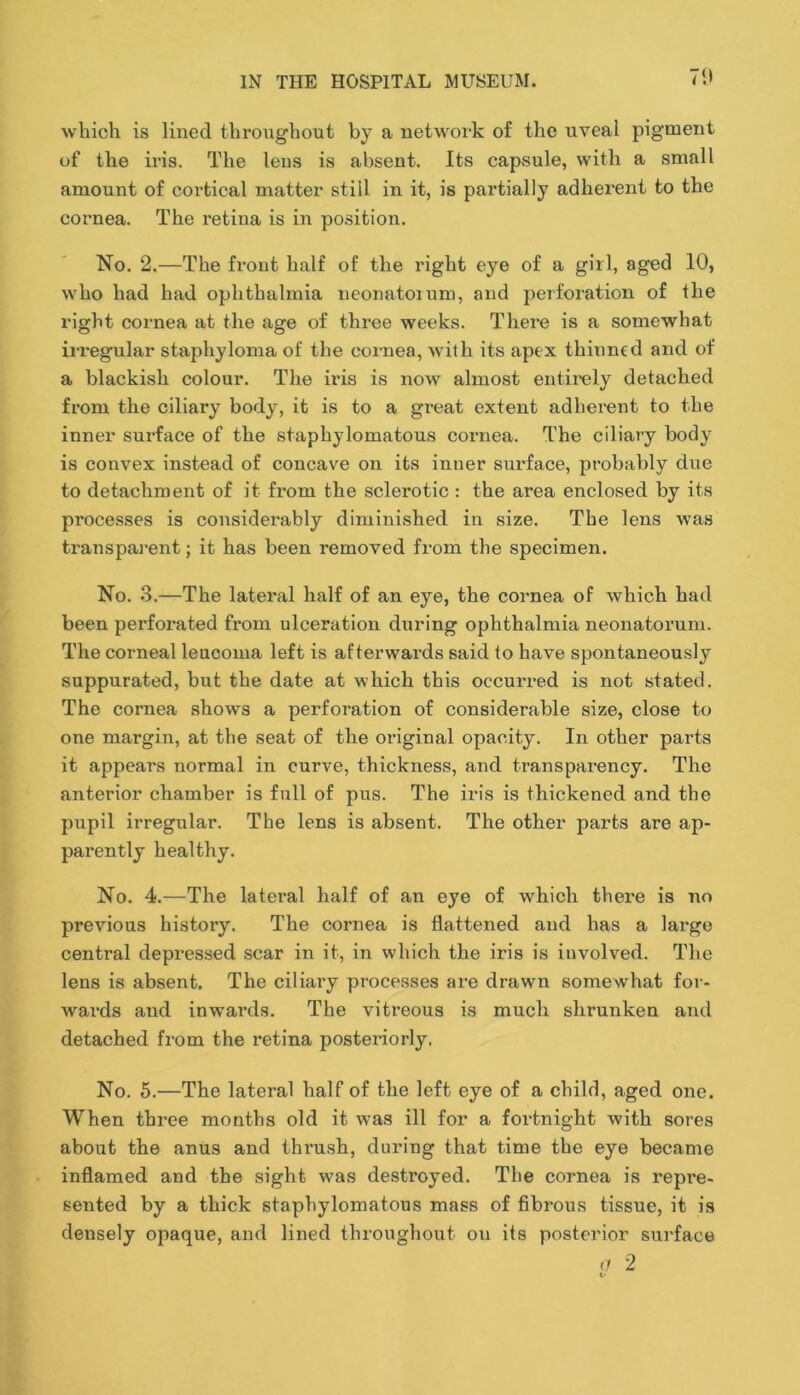 7‘» which is lined throughout by a network of the uveal pigment of the iris. The lens is absent. Its capsule, with a small amount of cortical matter still in it, is partially adherent to the cornea. The retina is in position. No. 2.—The front half of the right eye of a girl, aged 10, who had had ophthalmia neonatoium, and perforation of the right cornea at the age of three weeks. There is a somewhat irregular staphyloma of the cornea, with its aptx thinned and of a blackish colour. The iris is now almost entirely detached from the ciliary body, it is to a great extent adherent to the inner surface of the staphylomatous cornea. The ciliary body is convex instead of concave on its inner surface, probably due to detachment of it from the sclerotic : the area enclosed by its processes is considerably diminished in size. The lens was transpaj*ent; it has been removed from the specimen. No. 3.—The lateral half of an eye, the cornea of which had been perforated from ulceration during ophthalmia neonatorum. The corneal leucoma left is afterwards said to have spontaneously suppurated, but the date at which this occurred is not stated. The cornea shows a perforation of considerable size, close to one margin, at the seat of the original opacity. In other parts it appears normal in curve, thickness, and transparency. The anterior chamber is full of pus. The iris is thickened and the pupil irregular. The lens is absent. The other parts are ap- parently healthy. No. 4.—The lateral half of an eye of which there is no previous histoiy. The cornea is flattened and has a large central depressed scar in it, in which the iris is involved. The lens is absent. The ciliary processes are drawn somewhat for- wards and inwards. The vitreous is much shrunken and detached from the retina posteriorly. No. 5.—The lateral half of the left eye of a child, aged one. When three months old it w'as ill for a fortnight with sores about the anus and thrush, during that time the eye became inflamed and the sight was destroyed. The cornea is repre- sented by a thick staphylomatous mass of fibrous tissue, it is densely opaque, and lined throughout on its posterior surface