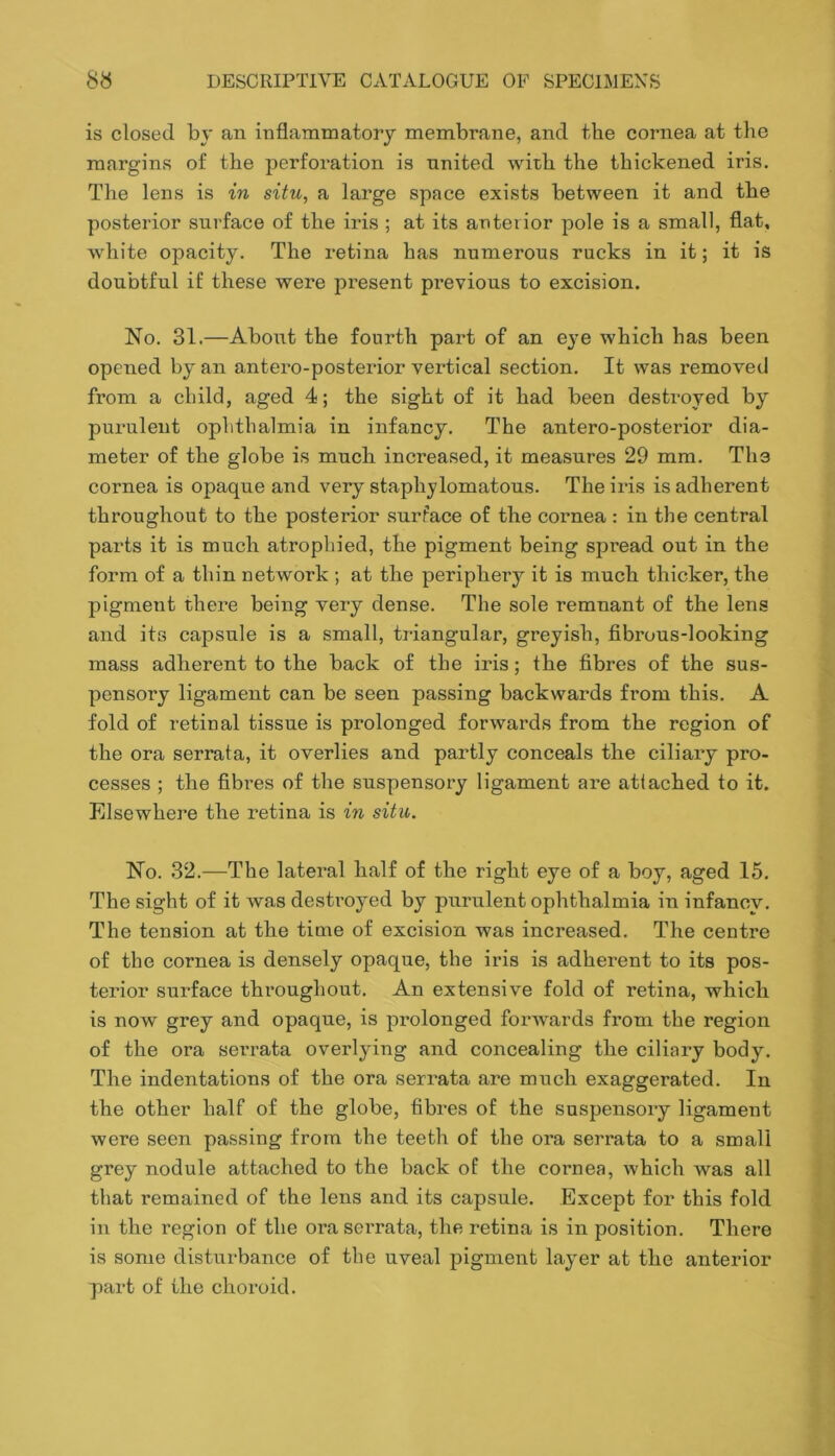 is closed by an inflammatory membrane, and the cornea at the margins of the perforation is nnited with the thickened iris. The lens is in situ, a large space exists between it and the posterior surface of the iris ; at its anterior pole is a small, flat, white opacity. The retina has numerous rucks in it; it is doubtful if these were present previous to excision. No. 31.—About the fourth part of an eye which has been opened by an antero-posterior vertical section. It was removed from a child, aged 4; the sight of it had been destroyed by purulent ophthalmia in infancy. The antero-posterior dia- meter of the globe is much increased, it measures 29 mm. The cornea is opaque and very staphylomatous. The iris is adherent throughout to the posterior surface of the cornea : in the central parts it is much atrophied, the pigment being spread out in the form of a thin network ; at the periphery it is much thicker, the pigment there being very dense. The sole remnant of the lens and its capsule is a small, triangular, greyish, fibrous-looking mass adherent to the back of the iris; the fibres of the sus- pensory ligament can be seen passing backwards from this. A fold of retinal tissue is prolonged forwards from the region of the ora serrata, it overlies and partly conceals the ciliary pro- cesses ; the fibres of the suspensoi’y ligament are attached to it. Elsewhere the retina is in situ. No. 32.—The lateral half of the right eye of a boy, aged 15. The sight of it was destroyed by purulent ophthalmia in infancy. The tension at the time of excision was increased. The centre of the cornea is densely opaque, the iris is adherent to its pos- terior surface throughout. An extensive fold of retina, which is now grey and opaque, is prolonged forwards from the region of the ora serrata overlying and concealing the ciliary body. The indentations of the ora serx’ata are much exaggerated. In the other half of the globe, fibres of the suspensory ligament were seen passing from the teeth of the ora serrata to a small grey nodule attached to the back of the cornea, which was all that remained of the lens and its capsule. Except for this fold in the region of the ora serrata, the retina is in position. There is some disturbance of the uveal pigment layer at the anterior part of the choroid.