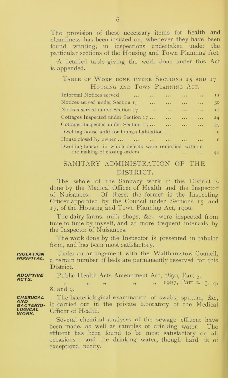 ISOLA TION HOSPITAL. ADOPTIVE ACTS. CHEMICAL AND BACTERIO- LOGICAL WORK. The provision of these necessary items for health and cleanliness has been insisted on, whenever they have been found wanting, in inspections undertaken under the particular sections of the Housing and Town Planning Act A detailed table giving the work done under this Act is appended. Table of Work done under Sections 15 and 17 Housing and Town Planning Act. Informal Notices served ... ... ... ... ... 11 Notices served under Section 15 ... ... ... ... 30 Notices served under Section 17 ... ... ... ... 12 Cottages Inspected under Section 17 ... ... ... ... 24 Cottages Inspected under Section 15 ... ... ... ... 35 Dwelling house unfit for human habitation ... ... ... i House closed by owner ... ... ... ... ... ... 1 Dwelling-houses in which defects were remedied without the making of closing orders ... ... ... ... 44 SANITARY ADMINISTRATION OF THE DISTRICT. The whole of the Sanitary work in this District is done by the Medical Officer of Health and the Inspector of Nuisances. Of these, the former is the Inspecting Officer appointed by the Council under Sections 15 and 17, of the Housing and Town Planning Act, 1909. The dairy farms, milk shops, &c., were inspected from time to time by myself, and at more frequent intervals by the Inspector of Nuisances. The work done by the Inspector is presented in tabular form, and has been most satisfactory. Under an arrangement with the Walthamstow Council, a certain number of beds are permanently reserved for this District. Public Health Acts Amendment Act, 1890, Part 3. ,, ,, 11 19071 1 art 2, 3> 4’ 8, and 9. The bacteriological examination of swabs, sputum, &c., is carried out in the private laboratory of the Medical Officer of Health. Several chemical analyses of the sewage effluent have been made, as well as samples of drinking water. The effluent has been found to be most satisfactory on all occasions; and the drinking water, though hard, is of exceptional purity.