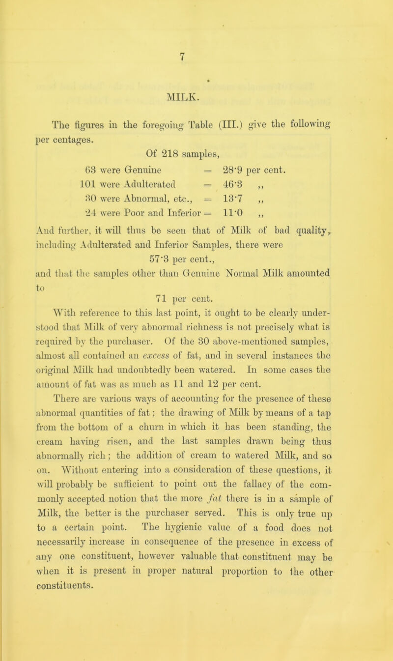 MILK. The figures in the foregoing Table (III.) give the following per centages. Of 218 samples, ()8 were Genuine = 28*9 per cent. 101 were Adulterated = 4fi’8 ,, 80 were Abnormal, etc., 18'7 ,, 24 were Poor and Inferior = 11’0 ,, And further, it will thus be seen that of Milk of bad quality ^ including Adulterated and Inferior Samples, there were 57*8 per cent., and tliut the samples other than Genuine Normal Milk amounted tt) 71 per cent. With reference to this last point, it ought to be clearly under- stood that Milk of very abnormal richness is not precisely what is required by the purchaser. Of the 30 above-mentioned samples, almost all contained an excess of fat, and in several instances the original Milk had undoubtedly been watered. In some cases the amount of fat was as much as 11 and 12 per cent. There are various ways of accounting for the presence of these abnormal quantities of fat; the drawing of Milk by means of a tap from the bottom of a churn in which it has been standing, the cream having risen, and the last samples drawn being thus abnormally rich; the addition of cream to watered Milk, and so on. Without entering into a consideration of these questions, it will probably be sufficient to point out the fallacy of the com- monly accepted notion that the more fat there is in a sample of Milk, the better is the purchaser served. This is only true up to a certain point. The hygienic value of a food does not necessarily increase in consequence of the presence in excess of any one constituent, however valuable that constituent may be when it is present in proper natural proportion to fhe other constituents.