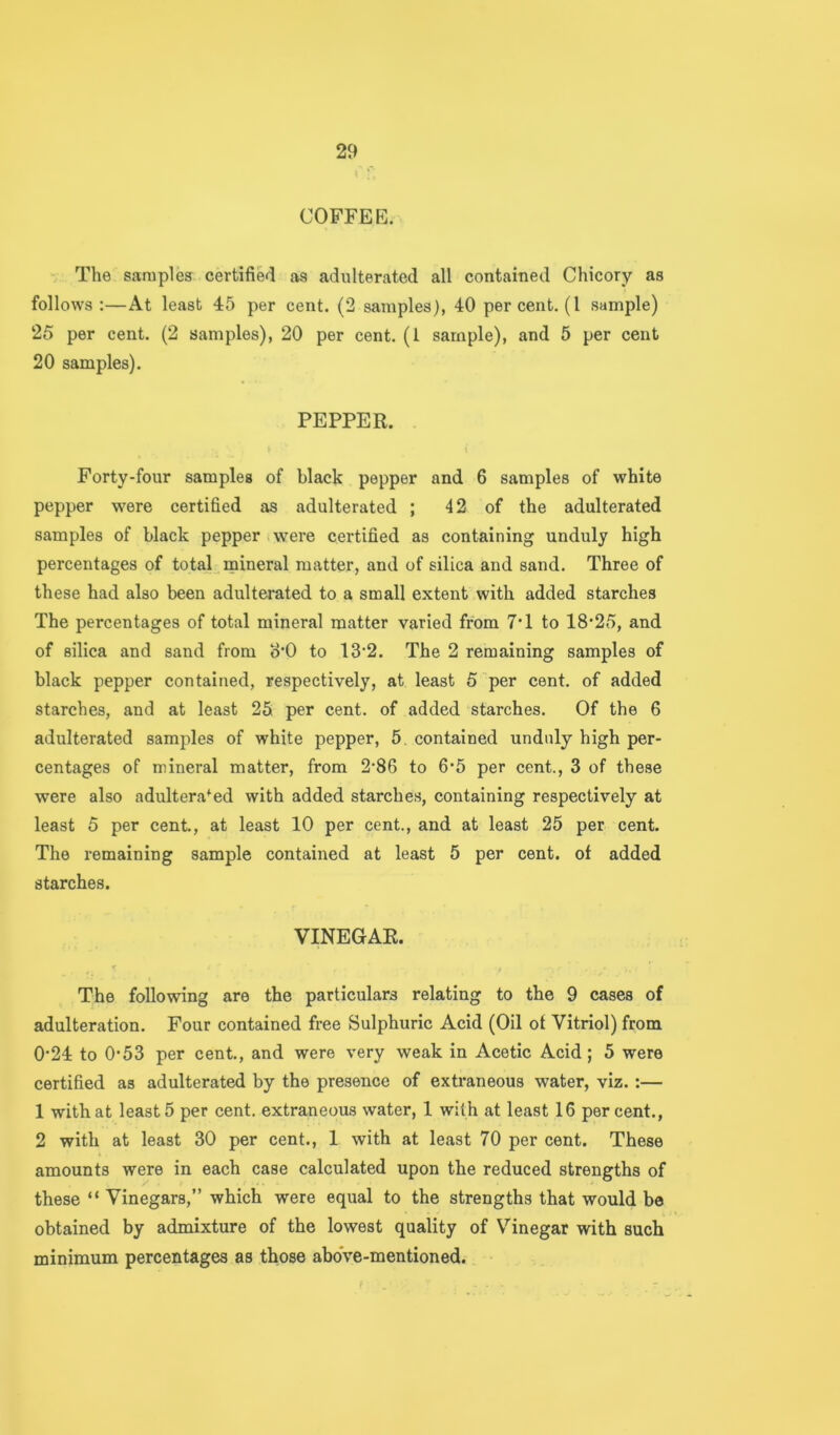 COFFEE. The samples certified as adulterated all contained Chicory as follows :—At least 45 per cent. (2 samples), 40 percent. (I sample) 25 per cent. (2 samples), 20 per cent. (1 sample), and 5 per cent 20 samples). PEPPER. Forty-four samples of black pepper and 6 samples of white pepper were certified as adulterated ; 42 of the adulterated samples of black pepper;were certified as containing unduly high percentages of total. mineral matter, and of silica and sand. Three of these had also been adulterated to a small extent with added starches The percentages of total mineral matter varied from 7*1 to 18’25, and of silica and sand from o'O to 13'2. The 2 remaining samples of black pepper contained, respectively, at least 5 per cent, of added starches, and at least 25 per cent, of added starches. Of the 6 adulterated samples of white pepper, 5. contained unduly high per- centages of mineral matter, from 2’86 to 6*5 per cent., 3 of these were also adulterated with added starches, containing respectively at least 5 per cent, at least 10 per cent., and at least 25 per cent. The remaining sample contained at least 5 per cent, of added starches. VINEGAR. The following are the particulars relating to the 9 cases of adulteration. Four contained free Sulphuric Acid (Oil of Vitriol) from 0‘24 to 0*53 per cent, and were very weak in Acetic Acid; 5 were certified as adulterated by the presence of extraneous water, viz. :— 1 with at least 5 per cent, extraneous water, 1 with at least 16 per cent., 2 with at least 30 per cent., 1 with at least 70 per cent. These amounts were in each case calculated upon the reduced strengths of these “ Vinegars,” which were equal to the strengths that would be obtained by admixture of the lowest quality of Vinegar with such minimum percentages as those above-mentioned.