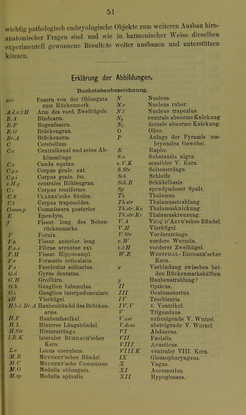 wichtig patliologiscli embryologisclie Objekte zum weiteren Ausbau hirn- auatomisclier Fragen sind und wie in barmonisclier Weise dieselben experimentell gewonnene Kesultate weiter ausbauen und unterstützen können. Erklärung der Abbildungen. Buchstabenbezeichnung. arc Fasern von der Oblongata N Nucleus. zum Rückenmark. N.r Nucleus ruber. A.d.v.2H Arm des vord. Zweihügels. N.t Nucleus trapezius. B.A Bindearm. Ni ventrale abnorme Knickung B.F Bogenfasern. Nö dorsale abnorme Knickung. B.G Brückengrau. 0 Olive. Br.A Brückenarm. P Anlage der Pyramis (em- C Cerebellum. bryonales Gewebe). C.c Centralkanal und seine Ab- Jt Raphe. kömmlinge. S.71 Substantia nigra. C.e Cauda equina. s.V.K sensibler V. Kern. C.g.e Corpus genic. ext. S.Str Seitenstränge. C.g.i Corpus genic. int. Sch Schleife. c. II.g centrales Höhlengrau. Sch.B Schädelbasis. C.r Corpus restiforme. Sp ependymloser Spalt. C.S Clarke’sehe Säulen. Th Thalamus. C.t Corpus trapezoides. Th.sir Thalamusstrahlung. Comm.p Commissura posterior. Th.str.Kn Thalamusknickung. E Ependym. Th.str.Kr Thalamuskreuzung. f Fissur, long. des Neben- V.A Vicq’ D’AzYR’sches Bündel. rückenmarks. V.H Vierhügel. F Fornix. V.Str Vorderstränge. F.a Fissur, anterior, long. V. W vordere Wurzeln. F.a.e Fibrae arcuatae ext. v.^2H vorderer Zweihügel. F.H Fissur. Hippocampi. W.E Westphal - Edinoer’scher F.r Formatio reticularis. Kern. F.s Fasciculus solitarius. X Verbindung zwischen ‘bei- G.d Gyrus dentatus. den Rückenmarkshälften. G.II Großhirn. y Haubenstrahlung? G.h Ganglion habenulae. II Opticus. G.i Ganglion interpedunculare. III Oculomotorius. 1 4H Vierhügel. IV Trochlearis. i II.h.il.Br.A Haubenbündel des Brücken- IV. V 4. Ventrikel. 1 arms. V Trigeminus. H.F Haubenfascikel. V.asc aufsteigende V. Wurzel. II.L Hinteres Längsbündel. V.desc absteigeude V. Wurzel. lI.Str Hinterstrilnge. VI Abduceus. 1 l.B.K lateraler BuRDACii’scher VII Facialis. Kern. VIII Acusticus. L.c Locus coeruleus. VIII.K ventraler VIII. Kern. 1 M.B MEYNERT’sches Bündel. IX Glossopharyngeus. i M.C Meynert’scIic Commissur. X Vagus. i M.O Medulla oblongata. XI Accessorius. 1 M.ftp Mediilla spinalis. XII Ilyiioglossus.