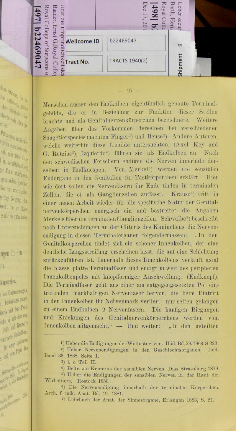 »Il *b ,, *'■ I i. '* “«• die mit fen töniirnieaotzioik iiiijeii in (len lkar|ifri’lie' e^ tie» 15 •ili. 70 oa C o CT fD a. >1 c. n fD fT (TQ fD m 3 tr 3 ■CT O fD O --J 4^ b' ^ fD o 'S ^ ö o ^ ^ n. 622469047 TRACTS 1940(2) 3. CT ET fD - ►th Cf) 'dr fD O 3 S CD C <u E Q. !i= tn — 27 — jVreiisclien ausser den Endkcdben eig-entüinlich gebaute Termiiial- gebilde, die er in Beziehung zur Funktion dieser Stellen brachte und als Genitalnervenköiperchen bezeichnete. Weitere Angaben über das Vorkommen derselben bei verschiedenen Säugetierspecies machten Finger^) und Bense-). Andere Autoren, welche weiterhin diese Gebilde untersuchten, (Axel Key und G. Betzius*), Izquierdo^) führen sie als Endkolben an. Nach den schwedischen Forschern endigen die N^erven innerhalb der- selben in Endknospen. Von MerkeP) werden die sensiblen Endorgane in den Genitalien für Tastkörperchen erklärt. Hier wie dort sollen die Nervenfasern ihr Ende finden in terminalen Zellen, die er als Ganglienzellen auffasst. Krause'*) tritt in einer neuen Arbeit wieder für die specifische Natur der Genital- nervenkörperchen energisch ein und bestreitet die Angaben Merkels über die terminalen Ganglienzellen. Schwalbe') beschreibt nach Untersuchungen an der Clitoris des Kaninchens die Nerven- endigung in diesen Terminalorganen folgendermaijsen: „In den Genitalkörperchen findet sich ein schöner Innenkolben, der eine deutliche Längsstreifung erscheinen lässt, die auf eine Schichtung zurückzuführen ist. Innerhalb dieses Innenkolbens verläuft axial die blasse platte Terminalfaser und endigt unweit des peripheren Innenkolbenpoles mit knoptförmiger Anschwellung. (Endknopf). Die Terminalfaser geht aus einer am entgegengesetzten Pol ein- tretenden markhaltigen Nervenfaser hervor, die beim Eintritt in den Innenkolben ihr NeVvenmark verliert; nur selten gelangen zu einem Endkolben 2 Nervenfasern. Die häufigen Biegungen und Knickungen des Genitalnervenkörperchens werden vom Innenkolben mitgemacht.“ — Und weiter: „In den geteilten 1) Ueber die Endigungen der Wollustnerven. Ibid. Bd. 28.1866,8.222. 2) Ueber Nervenendigungen in den Geschlechtsorganen. Ibid. Band .33. 1868. Seite 1. 3) 1. c. Teil II. *) Beitr. zur Kenntnis der sensiblen Nerven. Diss. Strassbirrg 1870. 3) Ueber die Endigungen der sensiblen Nerven in der Haut der Wirbeltiere. Kostock 1850. ®) Die Nervenendigung innerlialb der terminalen Körperchen. Arch. f. mik. Anat. Bd. 10. 1881. ■^1 Lehrbuch der Anat. der Sinnesorgane, Erlangen 1883, S. 21.