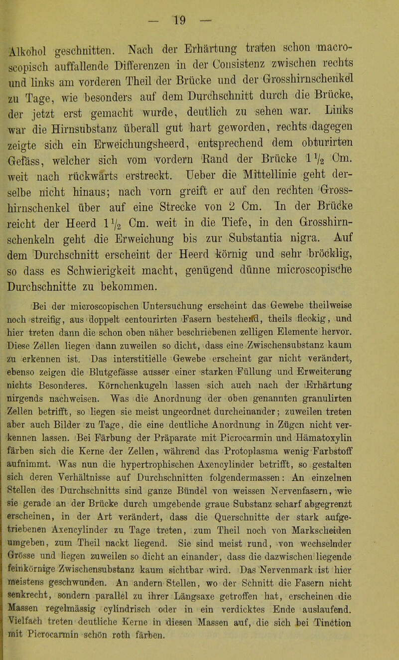 Alkohol geschnitten. Nach der Erhärtung träten schon macro- scopisch auffallende Differenzen in der Consistenz zwischen rechts und links am vorderen Theil der Brücke und der Grosshirnschenkel zu Tage, wie besonders auf dem Durchschnitt durch die Brücke, der jetzt erst gemacht wurde, deutlich zu sehen war. Links war die Hirnsubstanz überall gut hart geworden, rechts dagegen zeigte sich ein Erweichungsheerd, entsprechend dem obturirten Gefäss, welcher sich vom vordem Rand der Brücke 1V2 Cm. weit nach rückwärts erstreckt. Ueber die Mittellinie geht der- selbe nicht hinaus; nach vorn greift er auf den rechten 'Gross- hirnschenkel über auf eine Strecke von 2 Cm. In der Brücke reicht der Heerd l1^ Cm. weit in die Tiefe, in den Grosshirn- schenkeln geht die Erweichung bis zur Substantia nigra. Auf dem Durchschnitt erscheint der Heerd körnig und sehr bröcklig, so dass es Schwierigkeit macht, genügend dünne microscopisChe Durchschnitte zu bekommen. Bei der microscopischen Untersuchung erscheint das Ge wehe theil weise noch streifig, aus doppelt centourirten Fasern besteherfd, theils fleckig, und hier treten dann die schon oben näher beschriebenen zelligen Elemente hervor. Diese Zellen liegen dann zuweilen so dicht, dass eine Zwischensubstanz kaum zu erkennen ist. Das interstitielle Gewebe erscheint gar nicht verändert, ebenso zeigen die Blutgefässe ausser einer starken Füllung und Erweiterung nichts Besonderes. Körnchenkugeln lassen sich auch nach der Erhärtung nirgends nachweisen. Was die Anordnung der oben genannten granulirten Zellen betrifft, so liegen sie meist ungeordnet durcheinander; zuweilen treten aber auch Bilder zu Tage, die eine deutliche Anordnung in Zügen nicht ver- kennen lassen. Bei Färbung der Präparate mit Picrocarmin und Hämatoxylin färben sich die Kerne der Zellen, während das Protoplasma wenig Farbstoff aufnimmt. Was nun die hypertrophischen Axencylinder betrifft, so gestalten sich deren Verhältnisse auf Durchschnitten folgendermassen: An einzelnen Stellen des Durchschnitts sind ganze Bündel von weissen Nervenfasern, wie sie gerade an der Brücke durch umgehende graue Substanz scharf abgegrenzt erscheinen, in der Art verändert, dass die Querschnitte der stark aufge- triebenen Axencylinder zu Tage treten, zum Theil noch von Markscheiden umgeben, zum Theil nackt liegend. Sie sind meist rund, von wechselnder Grösse und liegen zuweilen so dicht an einander , dass die dazwischen liegende feinkörnige Zwischensubstanz kaum sichtbar wird. Das Nervenmark .ist hier meistens geschwunden. An andern Stellen, wo der Schnitt die Fasern nicht senkrecht, sondern parallel zu ihrer Längsaxe getroffen hat, erscheinen die Massen regelmässig cylindrisch oder in ein verdicktes Ende auslaufend. Vielfach treten deutliche Kerne in diesen Massen auf, die sich bei Tinötion mit Picrocarmin schön roth färben.