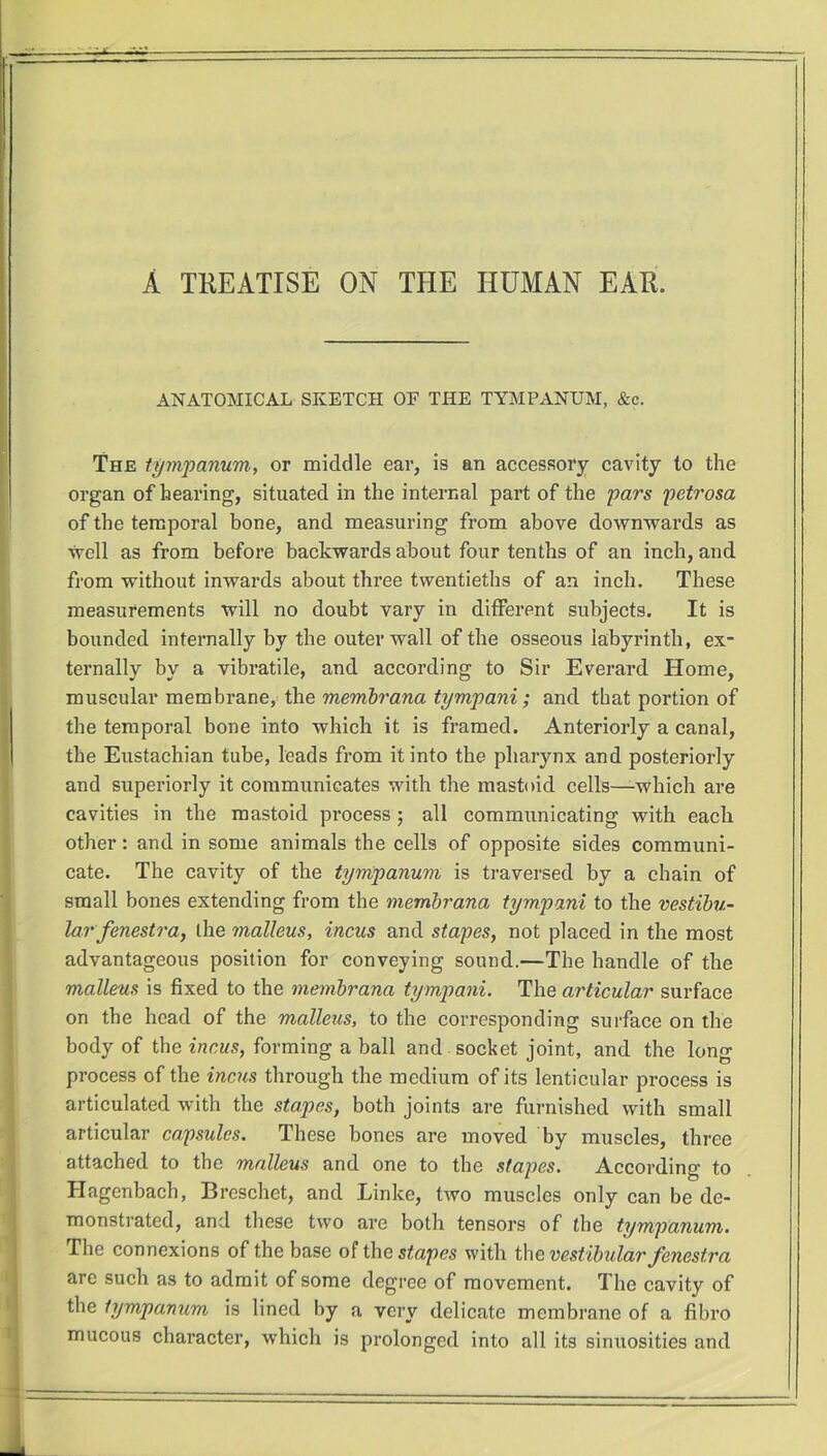 A TREATISE ON THE HUMAN EAR. ANATOMICAL SKETCH OE THE TYMPANUM, &c. The tympanum., or middle ear, is an accessory cavity to the organ of hearing, situated in the internal part of the pars petrosa of the temporal bone, and measuring from above downwards as well as from before backwards about four tenths of an inch, and from without inwards about three twentieths of an inch. These measurements will no doubt vary in different subjects. It is bounded internally by the outer wall of the osseous labyrinth, ex- ternally by a vibratile, and according to Sir Everard Home, muscular membrane, the membrana tympani ; and that portion of the temporal bone into which it is framed. Anteriorly a canal, the Eustachian tube, leads from it into the pharynx and posteriorly and superiorly it communicates with the mastoid cells—which are cavities in the mastoid process; all communicating with each other: and in some animals the cells of opposite sides communi- cate. The cavity of the tympanum is traversed by a chain of small bones extending from the membrana tympani to the vestibu- lar fenestra, the malleus, incus and stapes, not placed in the most advantageous position for conveying sound.—The handle of the malleus is fixed to the membrana tympani. The articular surface on the head of the malleus, to the corresponding surface on the body of the incus, forming a ball and socket joint, and the long process of the incus through the medium of its lenticular process is articulated with the stapes, both joints are furnished with small articular capsules. These bones are moved by muscles, three attached to the malleus and one to the stapes. According to Hagenbach, Breschet, and Linlce, two muscles only can be de- monstrated, and these two are both tensors of the tympanum. The connexions of the base of the stapes with the vestibular fenestra are such as to admit of some degree of movement. The cavity of the tympamum is lined by a very delicate membrane of a fibro mucous character, which is prolonged into all its sinuosities and