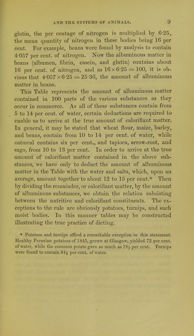 glutin, the per centage of nitrogen is multiplied by 6-25, the mean quantity of nitrogen in these bodies being 16 per cent. For example, beans were found by analysis to contain 4-057 per cent, of nitrogen. Now the albuminous matter in beans (albumen, fibrin, casein, and glutin) contains about 16 per cent, of nitrogen, and as 16x6-25 = 100, it is ob- vious that 4-057x6-25 = 25-36, the amount of albuminous matter in beans. This Table represents the amount of albuminous matter contained in 100 parts of the various substances as they occur in commerce. As all of these substances contain from 5 to 14 per cent, of water, certain deductions are required to enable us to arrive at the true amount of calorifiant matter. In general, it may be stated that wheat flour, maize, barley, and beans, contain from 10 to 14 per cent, of water, while oatmeal contains six per cent., and tapioca, arrow-root, and sago, from 10 to 13 per cent. In order to arrive at the true amount of calorifiant matter contained in the above sub- stances, we have only to deduct the amount of albuminous matter in the Table with the water and salts, which, upon an average, amount together to about 12 to 15 per cent.* Then by dividing the remainder, or calorifiant matter, by the amount of albuminous substances, we obtain the relation subsisting between the nutritive and calorifiant constituents. The ex- ceptions to the rule are obviously potatoes, turnips, and such moist bodies. In this manner tables may be constructed illustrating the true practice of dietiug. * Potatoes and turnips afford a remarkable exception to this statement. Healthy Peruvian potatoes of 1845, grown at Glasgow, yielded 72 per cent, of water, while the common potato gave as much as 78yper cent. Turnips were found to contain 84-J- per cent, of water.