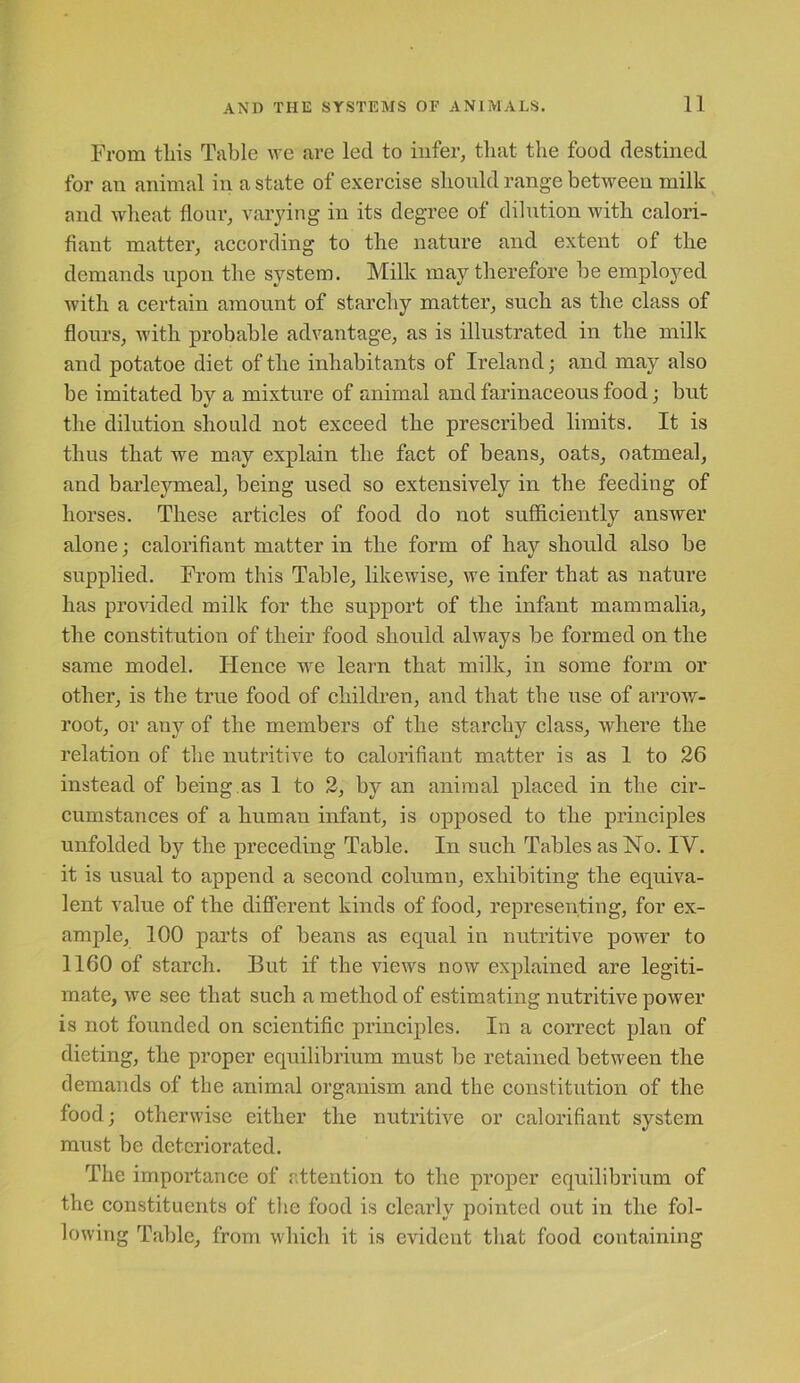 From tliis Table we are led to infer, that the food destined for an animal in a state of exercise should range between milk and wheat flour, varying in its degree of dilution with calori- fiant matter, according to the nature and extent of the demands upon the system. Milk may therefore be employed with a certain amount of starchy matter, such as the class of flours, with probable advantage, as is illustrated in the milk and potatoe diet of the inhabitants of Ireland; and may also be imitated by a mixture of animal and farinaceous food; but the dilution should not exceed the prescribed limits. It is thus that we may explain the fact of beans, oats, oatmeal, and barleymeal, being used so extensively in the feeding of horses. These articles of food do not sufficiently answer alone; calorifiant matter in the form of hay should also be supplied. From this Table, likewise, we infer that as nature has provided milk for the support of the infant mammalia, the constitution of their food should always be formed on the same model. Hence we learn that milk, in some form or other, is the true food of children, and that the use of arrow- root, or any of the members of the starchy class, where the relation of the nutritive to calorifiant matter is as 1 to 26 instead of being.as 1 to 2, by an animal placed in the cir- cumstances of a human infant, is opposed to the principles unfolded by the preceding Table. In such Tables as No. IV. it is usual to append a second column, exhibiting the equiva- lent value of the different kinds of food, representing, for ex- ample, 100 parts of beans as equal in nutritive power to 1160 of starch. But if the views now explained are legiti- mate, we see that such a method of estimating nutritive power is not founded on scientific principles. In a correct plan of dieting, the proper equilibrium must be retained between the demands of the animal organism and the constitution of the food; otherwise either the nutritive or calorifiant system must be deteriorated. The importance of attention to the proper equilibrium of the constituents of the food is clearly pointed out in the fol- lowing Table, from which it is evident that food containing