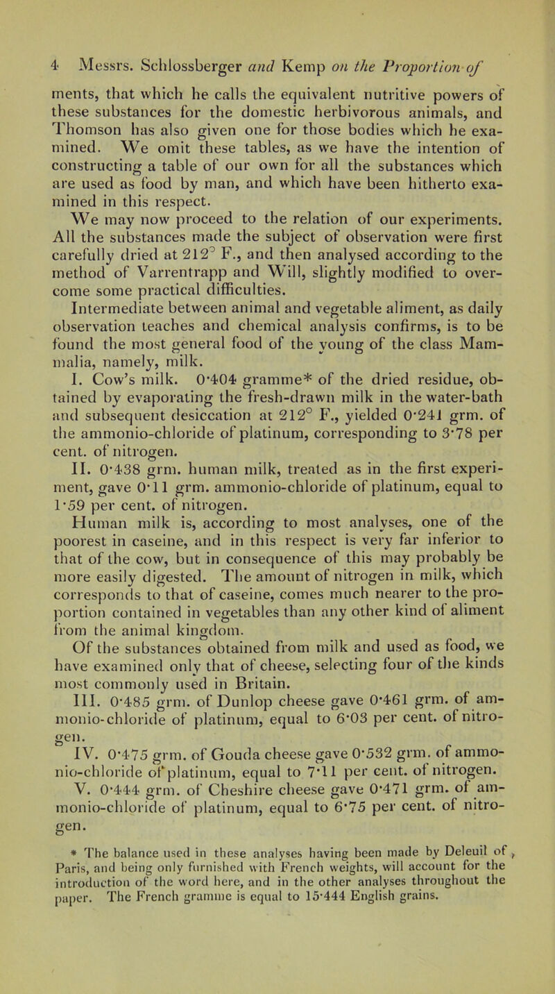 ments, that which he calls the equivalent nutritive powers of these substances for the domestic herbivorous animals, and Thomson has also given one for those bodies which he exa- mined. We omit these tables, as we have the intention of constructing a table of our own for all the substances which are used as food by man, and which have been hitherto exa- mined in this respect. We may now proceed to the relation of our experiments. All the substances made the subject of observation were first carefully dried at 212’ F., and then analysed according to the method of Varrentrapp and Will, slightly modified to over- come some practical difficulties. Intermediate between animal and vegetable aliment, as daily observation leaches and chemical analysis confirms, is to be found the most general food of the young of the class Mam- malia, namely, milk. I. Cow’s milk. 0’404 gramme* of the dried residue, ob- tained by evaporating the fresh-drawn milk in the water-bath and subsequent desiccation at 212° P\, yielded 0'241 grm. of the ammonio-chloride of platinum, corresponding to 3*78 per cent, of nitrogen. II. 0’438 grm. human milk, treated as in the first experi- ment, gave OTl grm. ammonio-chloride of platinum, equal to 1*59 per cent, of nitrogen. Human milk is, according to most analyses, one of the poorest in caseine, and in this respect is very far inferior to that of the cow, but in consequence of this may probably be more easily digested. The amount of nitrogen in milk, which corresponds to that of caseine, comes much nearer to the pro- portion contained in vegetables than any other kind ol aliment from the animal kingdom. Of the substances obtained from milk and u.sed as food, we have examined only that of cheese, selecting four of the kinds most commonly used in Britain. III. 0'485 grm. of Dunlop cheese gave 0‘461 grm. of am- monio-chloride of platinum, equal to 6'03 per cent, of nitro- gen. IV. 0*475 grm. of Gouda cheese gave 0*532 grm. of ammo- nio-chloride of platinum, equal to 7*11 per cent, ot nitrogen. V. 0*444 grm. of Cheshire cheese gave 0*471 grm. of am- monio-chloride of platinum, equal to 6*75 per cent, of nitro- gen. * 4’he balance used in these analyses having been made by Deleuil of , Paris, and being only furnished with French weights, will account for the introduction of the word here, and in the other analyses throughout the paper. The French gramme is equal to 15*444 English grains.