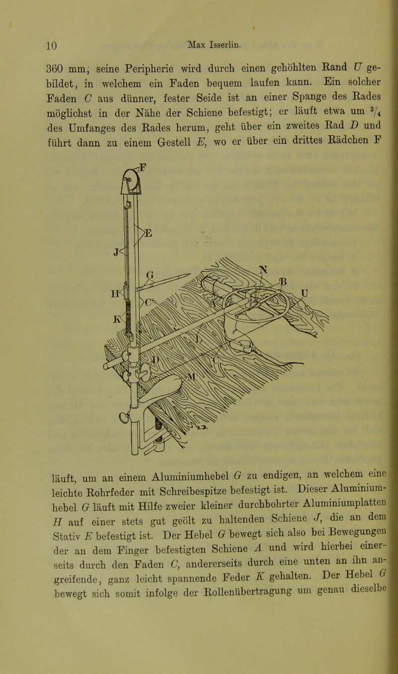 360 mm; seine Peripherie wird durch einen gehöhlten Rand U ge- bildet, in welchem ein Faden bequem laufen kann. Ein solcher Faden C aus dünner, fester Seide ist an einer Spange des Rades möglichst in der Nähe der Schiene befestigt; er läuft etwa um des Umfanges des Rades herum, geht über ein zweites Rad D und führt dann zu einem Gestell E, wo er über ein drittes Rädchen F läuft, um an einem Aluminiumhebel G zu endigen, an welchem eine leichte Rohrfeder mit Schreibespitze befestigt ist. Dieser Aluminium- hebel G läuft mit Hilfe zweier kleiner durchbohrter Aluminiumplatten H auf einer stets gut geölt zu haltenden Schiene J, die an dem Stativ E befestigt ist. Der Hebel G bewegt sich also bei Bewegungen der an dem Finger befestigten Schiene A und wird hierbei einer- seits durch den Faden (7, andererseits durch eine unten an ihn an- greifende, ganz leicht spannende Feder K gehalten. Der Hebel G bewegt sich somit infolge der Rollenübertragung uni genau dieselbe