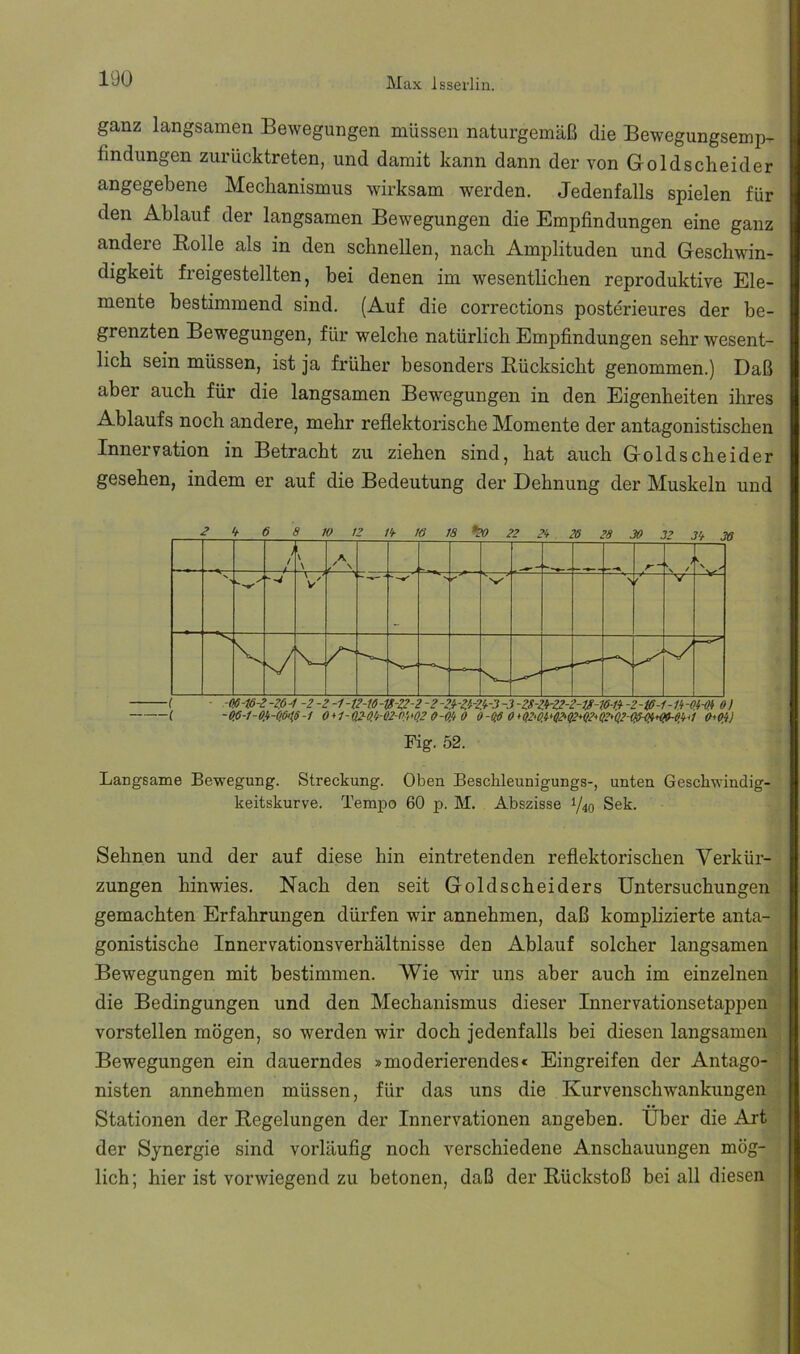 ganz langsamen Bewegungen müssen naturgemäß die Bewegungsemp- findungen zurücktreten, und damit kann dann der von Goldscheider angegebene Meclianismus wirksam werden. Jedenfalls spielen für den Ablauf der langsamen Bewegungen die Empfindungen eine ganz andere Rolle als in den schnellen, nach Amplituden und Geschwin- digkeit freigestellten, bei denen im wesentlichen reproduktive Ele- mente bestimmend sind. (Auf die corrections posterieures der be- grenzten Bewegungen, für welche natürlich Empfindungen sehr wesent- lich sein müssen, ist ja früher besonders Rücksicht genommen.) Daß aber auch für die langsamen Bewegungen in den Eigenheiten ihres Ablaufs noch andere, mehr reflektorische Momente der antagonistischen Innervation in Betracht zu ziehen sind, hat auch Goldscheider gesehen, indem er auf die Bedeutung der Dehnung der Muskeln und Langsame Bewegung. Streckung. Oben Beschleunigungs-, unten Gescbwindig- keitskurve. Tempo 60 p. M. Abszisse 1/40 Sek. Sehnen und der auf diese hin eintretenden reflektorischen Verkür- zungen hinwies. Nach den seit Goldscheiders Untersuchungen gemachten Erfahrungen dürfen wir annehmen, daß komplizierte anta- gonistische Innervationsverhältnisse den Ablauf solcher langsamen Bewegungen mit bestimmen. Wie wir uns aber auch im einzelnen die Bedingungen und den Mechanismus dieser Innervationsetappen vorstellen mögen, so werden wir doch jedenfalls bei diesen langsamen Bewegungen ein dauerndes »moderierendes« Eingreifen der Antago- nisten annehmen müssen, für das uns die Kurvenschwankungen Stationen der Regelungen der Innervationen angeben. Über die Art der Synergie sind vorläufig noch verschiedene Anschauungen mög- lich; hier ist vorwiegend zu betonen, daß der Rückstoß bei all diesen
