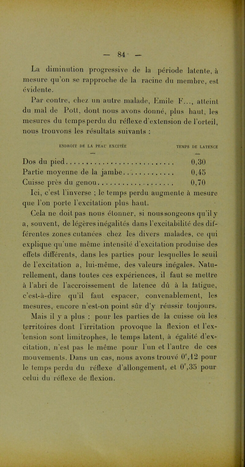 La diminution progressive de la période latente, à mesure qu’on se rapproche de la racine du membre, est évidente. Par contre, chez un autre malade, Emile F..., atteint du mal de Pott, dont nous avons donné, plus haut, les mesures du temps perdu du réflexe d’extension de l’orteil, nous trouvons les résultats suivants : ENDROIT DE LA FEAL' EXCITÉE TEMPS DE LATENCE Dos du pied 0,30 Partie moyenne de la jambe 0,45 Cuisse près du genou 0,70 Ici, c’est l’inverse ; le temps perdu augmente à mesure que l’on porte l’excitation plus haut. Cela ne doit pas nous étonner, si nous songeons qu’il y a, souvent, de légères inégalités dans l’exciLabiliLé des dif- férentes zones cutanées chez les divers malades, ce qui explique qu’une même intensité d’excitation produise des effets différents, dans les parties pour lesquelles le seuil de l’excitation a, lui-même, des valeurs inégales. Natu- rellement, dans toutes ces expériences, il faut se mettre à l’abri de l’accroissement de latence dû à la fatigue, c’est-à-dire qu’il faut espacer, convenablement, les mesures, encore n’est-on point sur d’y réussir toujours. Mais il y a plus : pour les parties de la cuisse où les territoires dont l’irritation provoque la flexion et l’ex- tension sont limitrophes, le temps latent, à égalité d’ex- citation, n’est pas le même pour l'un et l’autre de ces mouvements. Dans un cas, nous avons trouvé 0,12 pour le temps perdu du réflexe d’allongement, et 0\35 pour celui du réflexe de flexion.