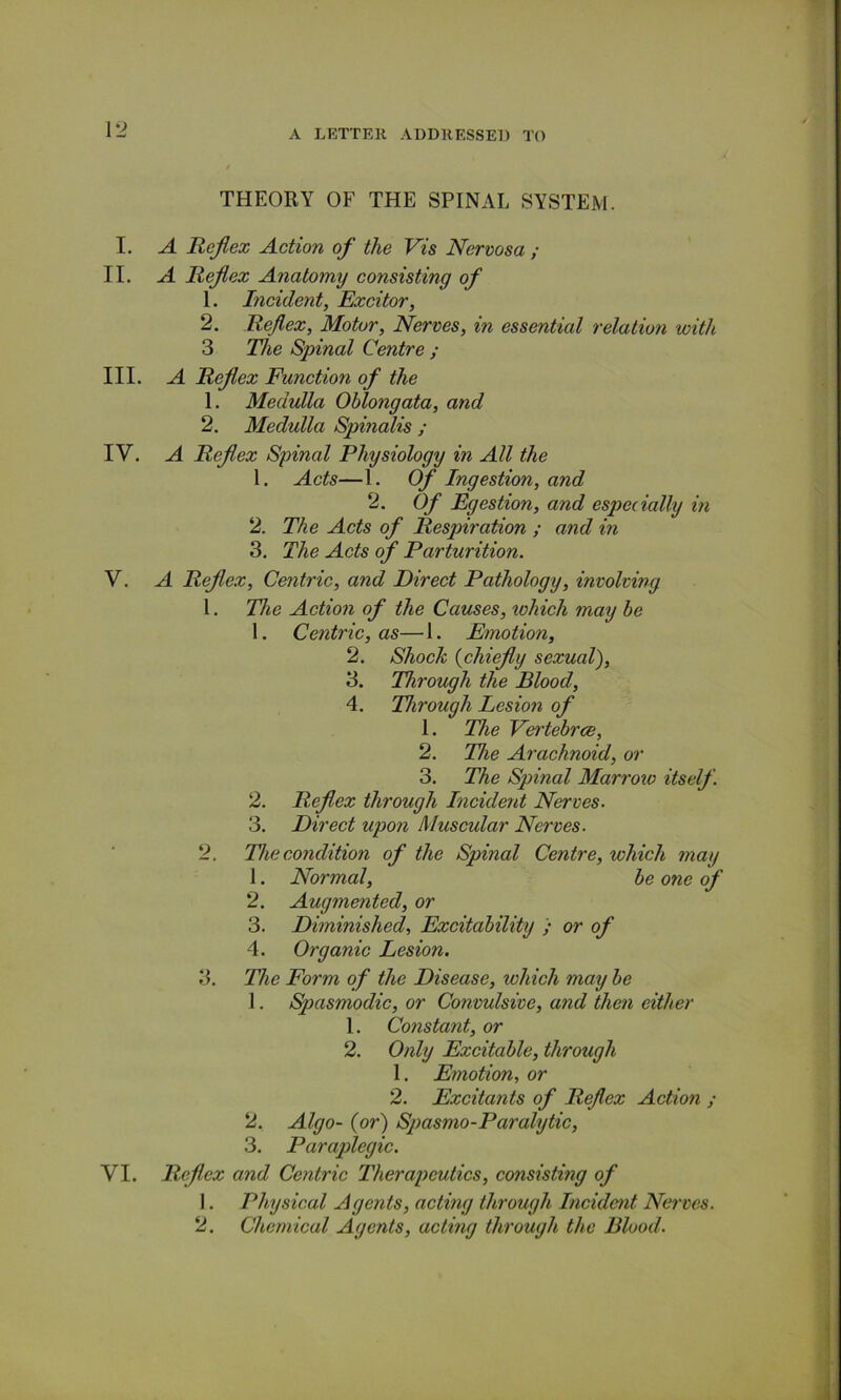 1*2 THEORY OF THE SPINAL SYSTEM. I. A Reflex Action of the Vis Nervosa ; II. A Reflex Anatomy consisting of 1. Incident, Excitor, 2. Reflex, Motor, Nerves, in essential relation with 3 The Spinal Centre ; III. A Reflex Function of the 1. Medulla Oblongata, and 2. Medulla Spinalis ; IV. A Reflex Spinal Physiology in All the 1. Acts—1. Of Ingestion, and 2. Of Egestion, and especially m 2. The Acts of Respiration ; and in 3. The Acts of Parturition. V. A Reflex, Centric, and Direct Pathology, involving 1. The Action of the Causes, which may he 1. Centric, as— 1. Emotion, 2. Shock {chiefly sexual), 3. Through the Blood, 4. Through Lesion of 1. The Vertebrce, 2. The Arachnoid, or 3. The Spinal Marrow itself 2. Reflex through Incident Nerves. 3. Direct upon Muscular Nerves. 2. The condition of the Spinal Centre, which may 1. Normal, be one of 2. Augmented, or 3. Diminished, Excitability ; or of 4. Organic Lesion. 3. The Form of the Disease, which may be 1. Spasmodic, or Convulsive, and then either 1. Constant, or 2. Only Excitable, through 1. Emotion, or 2. Excitants of Reflex Action ; 2. Algo- {or) Spasmo-Paralytic, 3. Paraplegic. VI. Riflcx and Centric Therapeutics, consisting of 1. Physical Agents, acting through Incident Nerves.