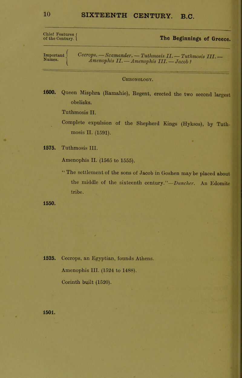 Chief Features ( of the Century. ( The Beginnings of Greece. Important Names. Cecrops. — Scamander. — Tutliimsis II. — Tuthmosis III. — Amcnopliis II. — Avienopliis III. — Jacob ? Chronology. 1600. Queen Misphra (Ramahie), Regent, erected the two second largest obelisks. Tuthmosis II. Complete expulsion of the Shepherd Kings (Hyksos), by Tuth- mosis II. (1591). 1575. Tuthmosis III. Amenophis II. (1565 to 1555). “ The settlement of the sons of Jacob in Goshen may be placed about the middle of the sixteenth century.”—Duncher. An Edomite tribe. 1550. 1525. Cecrops, an Egyptian, founds Athens. Amenophis III. (1524 to 1488). Corinth built (1520). 1501.