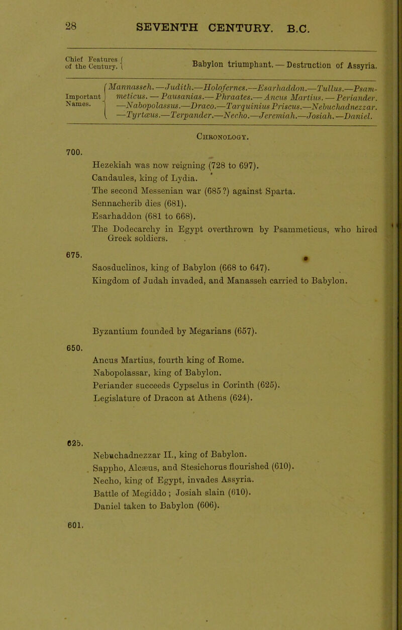 Chief Features f of the Century. 1 Babylon triumphant. — Destruction of Assyria. Important Names. Mannasseh. —Judith.—Holofernes.—Esarhaddon.—Tullus.—Psam- meticus. — Pausanias.— Phraates.— Ancus Martins. — Penander. —Nabopolassus.—Draco.—Tar quinius Prisons.—Nebuchadnezzar. —Tyrtceus.—Terpander.—Necho.—Jeremiah.—Josiah.— Daniel. Chronology. 700. Hezekiak was now reigning (728 to 697). Candaules, king of Lydia. The second Messenian war (685?) against Sparta. Sennacherib dies (681). Esarhaddon (681 to 668). The Dodecarchy in Egypt overthrown by Psammeticus, who hired Greek soldiers. 675. , Saosduclinos, king of Babylon (668 to 647). Kingdom of Judah invaded, and Manasseh carried to Babylon. Byzantium founded by Megarians (657). 650. Ancus Martius, fourth king of Borne. Nabopolassar, king of Babylon. Periander succeeds Cypselus in Corinth (625). Legislature of Dracon at Athens (624). 625. Nebuchadnezzar II., king of Babylon. Sappho, Alcaeus, and Stesichorus flourished (610). Necho, king of Egypt, invades Assyria. Battle of Megiddo ; Josiah slain (010). Daniel taken to Babylon (606). 601.