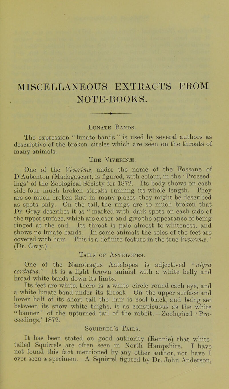 MISCELLANEOUS EXTRACTS FROM NOTE-BOOKS. ♦ Lunate Bands. The expression “lunate bands ” is used by several authors as descriptive of the broken circles which are seen on the throats of many animals. The Viverin.®. One of the Viverince, under the name of the Fossane of D’Aubenton (Madagascar), is figured, with colour, in the ‘Proceed- ings’ of the Zoological Society for 1872. Its body shows on each side four much broken streaks running its whole length. They are so much broken that in many places they might he described as spots only. On the tail, the rings are so much broken that Dr. Gray describes it as “ marked with dark spots on each side of the upper surface, which are closer and give the appearance of being ringed at the end. Its throat is pale almost to whiteness, and shows no lunate bands. In some animals the soles of the feet are covered with hair. This is a definite feature in the true Viverince.” (Dr. Gray.) Tails of Antelopes. One of the Nanotragus Antelopes is adjectived “ nigra cordahis.” It is a light brown animal with a white belly and broad white bands down its limbs. Its feet are white, there is a white circle round each eye, and a white lunate band under its throat. On the upper surface and lower half of its short tail the hair is coal black, and being set between its snow white thighs, is as conspicuous as the white “banner” of the upturned tail of the rabbit.—Zoological ‘Pro- ceedings,’ 1872. Squirrel’s Tails. It has been stated on good authority (Rennie) that white- tailed Squirrels are often seen in North Hampshire. I have not found this fact mentioned by any other author, nor have I ever seen a specimen. A Squirrel figured by Dr. John Anderson,