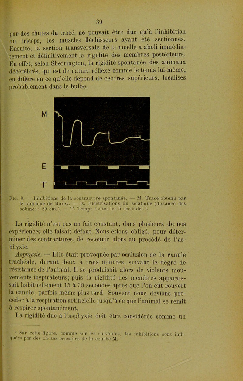 par des chutes du trace, ne pouvait etre due qu’h l’inhibition du triceps, les muscles flechisseurs ayant ete sectionnes. Ensuite, la section transversale de la moelle a aboli immedia- tement et definitivement la rigidite des membres posterieurs. En effet, selon Sherrington, la rigidite spontanee des animaux decerebres, qui est de nature refiexe comme le tonus lui-meme, en differe en ce qu’elle depend de centres superieurs, localises probablement dans le bulbe. M E T Fig. 8. — Inhibitions de la contracture spontanee. — M. Trace obtenu par le tambour de Marey. — E. Electrisations du sciatique (distance des bobines : 20 cm.). — T. Temps toutes les 5 secoudes l. La rigidite n’est pas un fait constant; dans plusieurs de nos experiences elle faisait defaut. Nous etions oblige, pour deter- miner des contractures, de recourir alors au procede de l’as- phyxie. Aspliyxie. — Elle etait provoquee par occlusion de la canule tracheale, durant deux ti trois minutes, suivant le degre de resistance de ranimal. II se produisait alors de violents mou- vements inspirateurs; puis la rigidite des membres apparais- sait habituellement 15 h 30 secoudes apres que Ton eht rouvert la canule, parfois meme plus tard. Souvent nous devious pro- ceder k la respiration artificielle jusqu’h ce que l’animal se remit h respirer spontanement. La rigidite due k l’asphyxie doit etre consideree comme un 1 Sur cette figure, comme series suivantes, les inhibitions sont indi- qu6es par des chutes brusques de la courbe M.