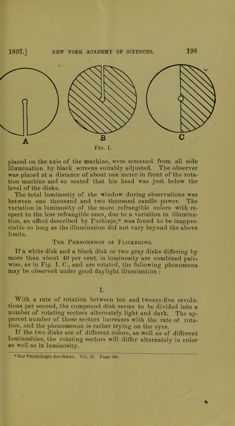 B C A Fig. I. placed on the axis of the machine, were screened from all side illumination by black screens suitably adjusted. The observer was placed at a distance of about one meter in front of the rota- tion machine and so seated that his head was just below the level of the disks. The total luminosity of the window during observations was between one thousand and two thousand candle power. The variation in luminosity of the more refrangible colors with re- spect to the less refrangible ones, due to a variation in illumina- tion, an effect described by Purkinje,* was found to be inappre- ciable so long as the illumination did not vary beyond the above limits. If a white disk and a black disk or two gray disks differing by more than about 40 per cent, in luminosity are combined pair- wise, as in Fig. I. C., and are rotated, the following phenomena may be observed under good daylight illumination : With a rate of rotation between ten and twenty-five revolu- tions per second, the compound disk seems to be divided into a number of rotating sectors alternately light and dark. The ap- parent number of these sectors increases with the rate of rota- tion, and the phenomenon is rather trying on the eyes. If the two disks are of different colors, as well as of different luminosities, the rotating sectors will differ alternately in color as well as in luminosity. The Phenomenon of Flickering. I. • Zur Physiologic der Sinne. Vol. II. Page 109.