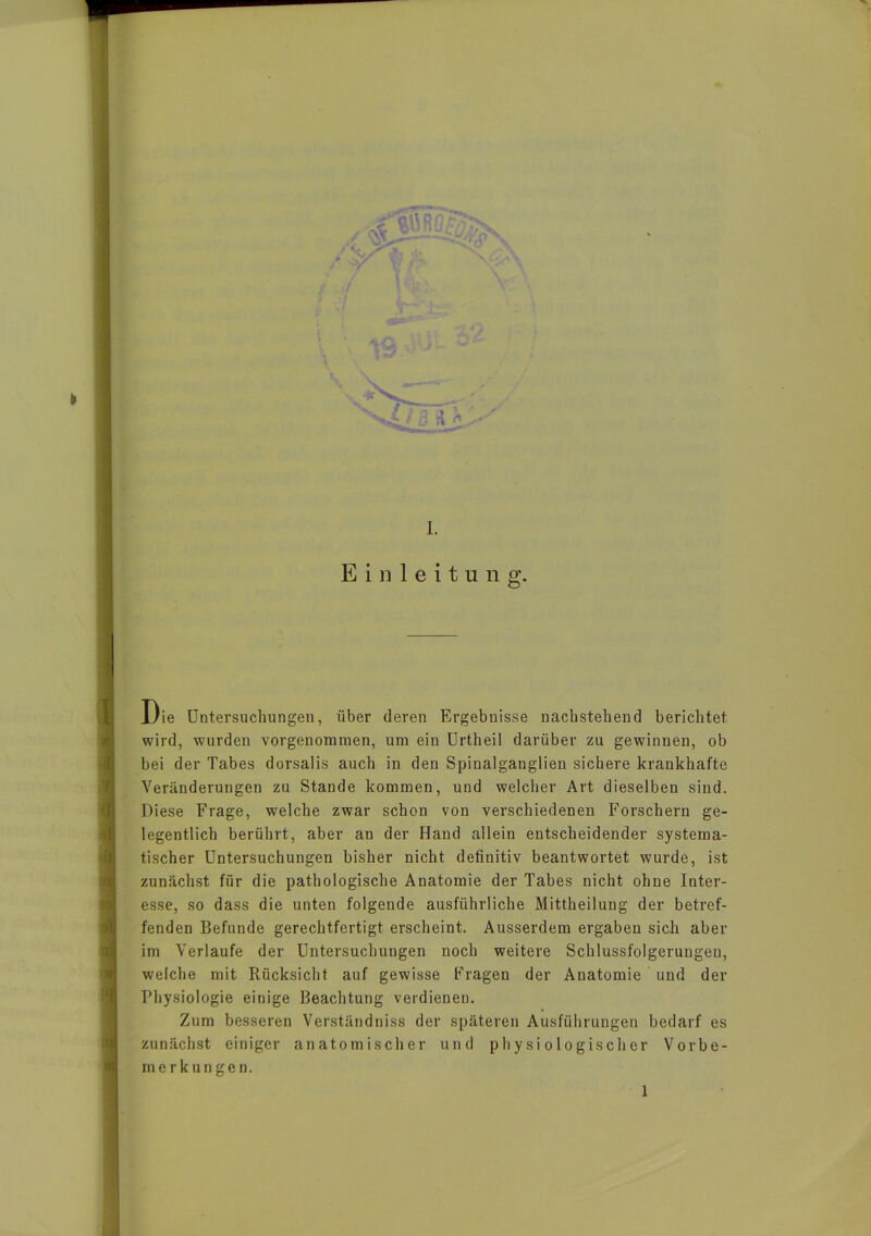 -Jr i. Einleitung. Die Untersuchungen, über deren Ergebnisse nachstehend berichtet wird, wurden vorgenommen, um ein Urtheil darüber zu gewinnen, ob bei der Tabes dorsalis auch in den Spinalganglien sichere krankhafte Veränderungen zu Stande kommen, und welcher Art dieselben sind. Diese Frage, welche zwar schon von verschiedenen Forschern ge- legentlich berührt, aber an der Hand allein entscheidender systema- tischer Untersuchungen bisher nicht definitiv beantwortet wurde, ist zunächst für die pathologische Anatomie der Tabes nicht ohne Inter- esse, so dass die unten folgende ausführliche Mittheilung der betref- fenden Befunde gerechtfertigt erscheint. Ausserdem ergaben sich aber im Verlaufe der Untersuchungen noch weitere Schlussfolgerungen, welche mit Rücksicht auf gewisse Fragen der Anatomie und der Physiologie einige Beachtung verdienen. Zum besseren Verständniss der späteren Ausführungen bedarf es zunächst einiger anatomischer und physiologischer Vorbe- merkungen.