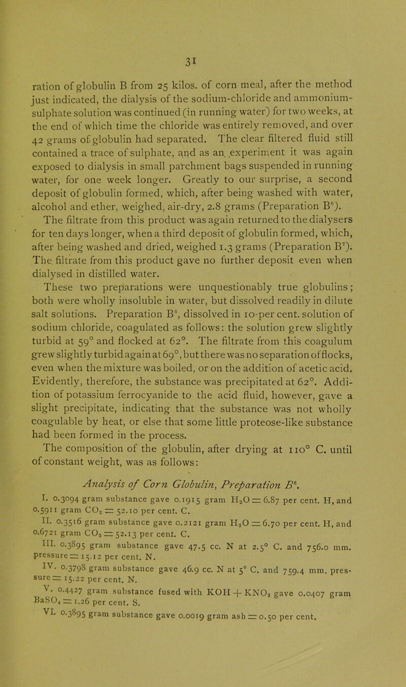 ration of globulin B from 25 kilos, of corn meal, after the method just indicated, the dialysis of the sodium-chloride and ammonium- sulphate solution was continued (in running water) for two weeks, at the end of which time the chloride was entirely removed, and over 42 grams of globulin had separated. The clear filtered fluid still contained a trace of sulphate, and as an experiment it was again exposed to dialysis in small parchment bags suspended in running water, for one week longer. Greatly to our surprise, a second deposit of globulin formed, which, after being washed with water, alcohol and ether, weighed, air-dry, 2.8 grams (Preparation B1’)- The filtrate from this product was again returned to the dialysers for ten days longer, when a third deposit of globulin formed, which, after being washed and dried, weighed 1.3 grams (Preparation B’). The filtrate from this product gave no further deposit even when dialysed in distilled water. These two preparations were unquestionably true globulins; both were wholly insoluble in water, but dissolved readily in dilute salt solutions. Preparation BG, dissolved in 10-per cent, solution of sodium chloride, coagulated as follows: the solution grew slightly turbid at 590 and flocked at 62°. The filtrate from this coagulum grew slightly turbid again at 69°, but there was no separation offlocks, even when the mixture was boiled, or on the addition of acetic acid. Evidently, therefore, the substance was precipitated at 62°. Addi- tion of potassium ferrocyanide to the acid fluid, however, gave a slight precipitate, indicating that the substance was not wholly coagulable by heat, or else that some little proteose-like substance had been formed in the process. The composition of the globulin, after drying at no0 C. until of constant weight, was as follows: Analysis of Corn Globulin, Preparation B\ I. 0.3094 gram substance gave 0.1915 gram II20 — 6.87 per cent. H, and 0-5911 gram C02 zz 52.10 per cent. C. H. 0.3516 gram substance gave 0.2121 gram H20 zz 6.70 per cent. H, and 0.6721 gram C02 zz 52.13 per cent. C. III. 0.3895 gram substance gave 47.5 cc. N at 2.50 C. and 756.0 mm. pressure— 15,12 per cent. N. IV. 0.3798 gram substance gave 46.9 cc. N at 5° C. and 759.4 mm. pres- sure— 15.22 per cent. N. V. 0.4427 gram substance fused with KOH -(- KNOj gave 0.0407 gram BaSO., — 1.26 per cent. S. VI. 0.3895 gram substance gave 0.0019 gram ash =0.50 per cent.