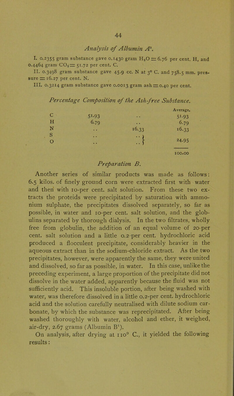 A?ialysis of Albumin A\ !• 0.2355 gram substance gave 0.1430 gram HaO = 6.76 per cent. H, and 0.4464 gram C02 — 51.72 per cent. C. II. 0.3498 gram substance gave 45.9 cc. N at 30 C. and 758.5 mm. pres- sure — 16.27 Per cent. N. III. 0.3214 gram substance gave 0.0013 gram ash 22:0.40 per cent. Percentage Composition of the Ashfree Substance. Average. SI-93 •• 5r-93 6.79 .. 6.79 16.33 16.33 ” f 24.95 100.00 Preparation B. Another series of similar products was made as follows: 6.5 kilos, of finely ground corn were extracted first with water and then with 10-per cent, salt solution. From these two ex- tracts the proteids were precipitated by saturation with ammo- nium sulphate, the precipitates dissolved separately, so far as possible, in water and 10-per cent, salt solution, and the glob- ulins separated by thorough dialysis. In the two filtrates, wholly free from globulin, the addition of an equal volume of 20-per cent, salt solution and a little 0.2-per cent, hydrochloric acid produced a flocculent precipitate, considerably heavier in the aqueous extract than in the sodium-chloride extract. As the two precipitates, however, were apparently the same, they were united and dissolved, so far as possible, in water. In this case, unlike the preceding experiment, a large proportion of the precipitate did not dissolve in the water added, apparently because the fluid was not sufficiently acid. This insoluble portion, after being washed with water, was therefore dissolved in a little 0.2-per cent, hydrochloric acid and the solution carefully neutralised with dilute sodium car- bonate, by which the substance was reprecipitated. After being washed thoroughly with water, alcohol and ether, it weighed, air-dry, 2.67 grams (Albumin B1). On analysis, after drying at no0 C., it yielded the following results: c H N S
