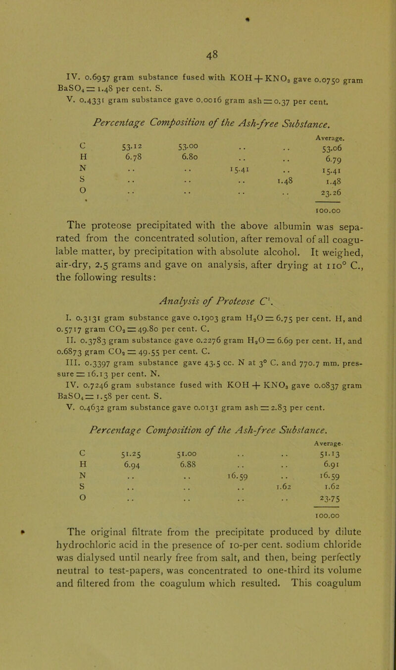 * 48 IV. 0.6957 gram substance fused with K0H + KN03 gave 0.0750 gram BaS04— 1.48 per cent. S. V. 0.4331 gram substance gave 0.0016 gram ash = 0.37 per cent. Percentage Composition of the Ash-free Substance. Average. c 53-12 53-00 .. .. 53.06 H 6.78 6.8o .. .. 6-79 N 15-41 .. 15.41 s 00 00 0 % •• •• .. 23.26 100.00 The proteose precipitated with the above albumin was sepa- rated from the concentrated solution, after removal of all coagu- lable matter, by precipitation with absolute alcohol. It weighed, air-dry, 2.5 grams and gave on analysis, after drying at no° C., the following results: Analysis of Proteose C'. I. 0.3131 gram substance gave 0.1903 gram H20 2=6.75 Per cent. H, and o.5717 gram C02 = 49.8o per cent. C. II. 0.3783 gram substance gave 0.2276 gram H20 = 6.69 Per cent. H, and 0.6873 gram C02 — 49.55 per cent. C. III. 0.3397 gram substance gave 43.5 cc. N at 30 C. and 770.7 mm. pres- sure — 16.13 Per cent. N. IV. 0.7246 gram substance fused with KOH + KN03 gave 0.0837 gram BaS04— 1.58 per cent. S. V. 0.4632 gram substance gave 0.0131 gram ash — 2.83 per cent. Percentage Composition of the Ashfree Substance. Average. 51.25 51.OO .. .. 51.13 6.94 6.88 .. .. 6.91 16.59 .. 16.59 1.62 1.62 23.75 100.00 • The original filtrate from the precipitate produced by dilute hydrochloric acid in the presence of 10-per cent, sodium chloride was dialysed until nearly free from salt, and then, being perfectly neutral to test-papers, was concentrated to one-third its volume and filtered from the coagulum which resulted. This coagulum C H N S O