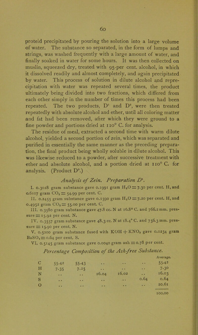 proteid precipitated by pouring the solution into a large volume of water. The substance so separated, in the form of lumps and strings, was washed frequently with a large amount of water, and finally soaked in water for some hours. It was then collected on muslin, squeezed dry, treated with 95-per cent, alcohol, in which it dissolved readily and almost completely, and again precipitated by water. This process of solution in dilute alcohol and repre- cipitation with water was repeated several times, the product ultimately being divided into two fractions, which differed from each other simply in the number of times this process had been repeated. The two products, Dl and D2, were then treated repeatedly with absolute alcohol and ether, until all coloring matter and fat had been removed, after which they were ground to a fine powder and portions dried at no° C. for analysis. The residue of meal, extracted a second time with warm dilute alcohol, yielded a second portion of zein, which was separated and purified in essentially the same manner as the preceding prepara- tion, the final product being wholly soluble in dilute alcohol. This was likewise reduced to a powder, after successive treatment with ether and absolute alcohol, and a portion dried at no°C. for analysis. (Product D3.) Analysis of Zein. Preparation D1. I. 0.3028 gram substance gave 0.1991 gram H3Ozz7.30 per cent. H,and 0.6107 gram C03 — 54.99 per cent. C. II. 0.2455 gram substance gave 0.1590 gram H30~7.20 per cent. H, and 0.4952 gram C03 — 55.00 per cent. C. III. 0.3580 gram substance gave 47.8 cc. N at 16.80 C. and 766.2 mm. pres- sure rz 15.92 per cent. N. IV. 0.3557 gram substance gave 48.3 cc. N at 18.40 C. and 756.3 mm. pres- sure — 15.90 per cent. N. V. 0.5000 gram substance fused with KOH + KNO3 gave 0.0234 gram BaS04 —0.64 per cent. S. VI. 0.5145 gram substance gave 0.0040 gram ash =0.78 per cent. Percentage Composition of the Ashfree Substance. Average. c H N S O 55.42 55.43 7-35 7-25 .. .. 16.04 16.02 64 55-42 7-3° 16.03 0.64 20.61 100.00