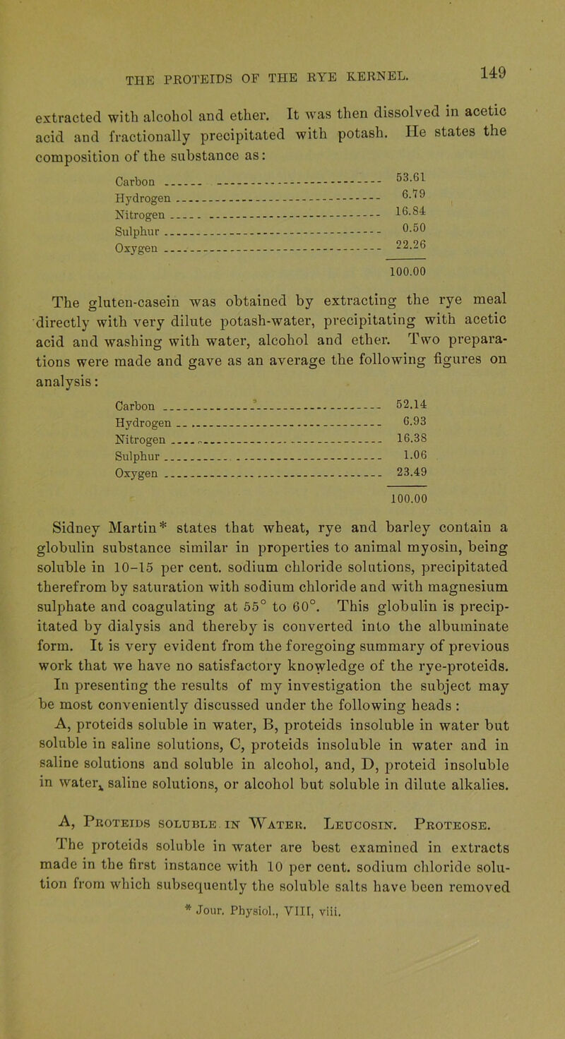 extracted with alcohol and ether. It was then dissolved in acetic acid and fractionally precipitated with potash. He states the composition of the substance as: Carbon 53.61 Hydrogen Nitrogen 16.84 Sulphur - 5-50 Oxygen 22.26 100.00 The gluten-casein was obtained by extracting the rye meal directly with very dilute potash-water, precipitating with acetic acid and washing with water, alcohol and ether. Two prepara- tions were made and gave as an average the following figures on analysis: Carbon 62.14 Hydrogen. C.93 Nitrogen - 16.38 Sulphur - 1.06 Oxygen — 23.49 100.00 Sidney Martin* states that wheat, rye and barley contain a globulin substance similar in properties to animal myosin, being soluble in 10-15 per cent, sodium chloride solutions, precipitated therefrom by saturation with sodium chloride and with magnesium sulphate and coagulating at 55° to 60°. This globulin is precip- itated by dialysis and thereby is converted into the albuminate form. It is very evident from the foregoing summary of previous work that we have no satisfactory knowledge of the rye-proteids. In presenting the results of my investigation the subject may be most conveniently discussed under the following heads : A, proteids soluble in water, B, proteids insoluble in water but soluble in saline solutions, C, proteids insoluble in water and in saline solutions and soluble in alcohol, and, D, proteid insoluble in water^ saline solutions, or alcohol but soluble in dilute alkalies. A, Proteids soluble in Water. Leucosin. Proteose. The proteids soluble in water are best examined in extracts made in the first instance with 10 per cent, sodium chloride solu- tion from which subsequently the soluble salts have been removed * Jour. Physiol., Vllf, viii.