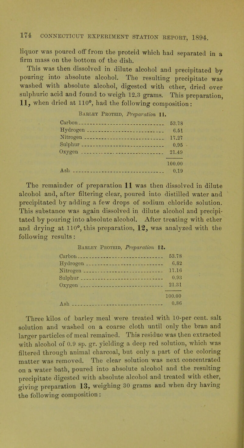 liquor was poured off from the proteid which had separated in a firm mass on the bottom of the dish. This was then dissolved in dilute alcohol and precipitated by pouring into absolute alcohol. The resulting precipitate was washed with absolute alcohol, digested with ether, dried over sulphuric acid and found to weigh 12.3 grams. This preparation, 11, when dried at 110°, had the following composition: Barley Proteid, Preparation II. Carbon 63.18 Hydrogen 6.61 Nitrogen 17.27 Sulphur 0.95 • Oxygen 21.49 100.00 Ash 0.19 The remainder of preparation 11 was then dissolved in dilute alcohol and, after filtering clear, poured into distilled water and precipitated by adding a few drops of sodium chloride solution. This substance was again dissolved in dilute alcohol and precipi- tated by pouring into absolute alcohol. After treating with ether and drying at 110°, this preparation, 12, was analyzed with the following results: Barley Proteid, Preparation 12. Carbon 53.78 Hydrogen 6.82 Nitrogen 17.16 Sulphnr 0.93 Oxygen 21.31 100.00 Ash 0.86 Three kilos of barley meal were treated with 10-per cent, salt solution and washed on a coarse cloth until only the bran and larger particles of meal remained. This residue was then extracted with alcohol of 0.9 sp. gr. yielding a deep red solution, which was filtered through animal charcoal, but only a part of the coloring matter was removed. The clear solution was next concentrated on a water bath, poured into absolute alcohol and the resulting precipitate digested with absolute alcohol and treated with ether, giving preparation 13, weighing 30 grams and when dry having the following composition: