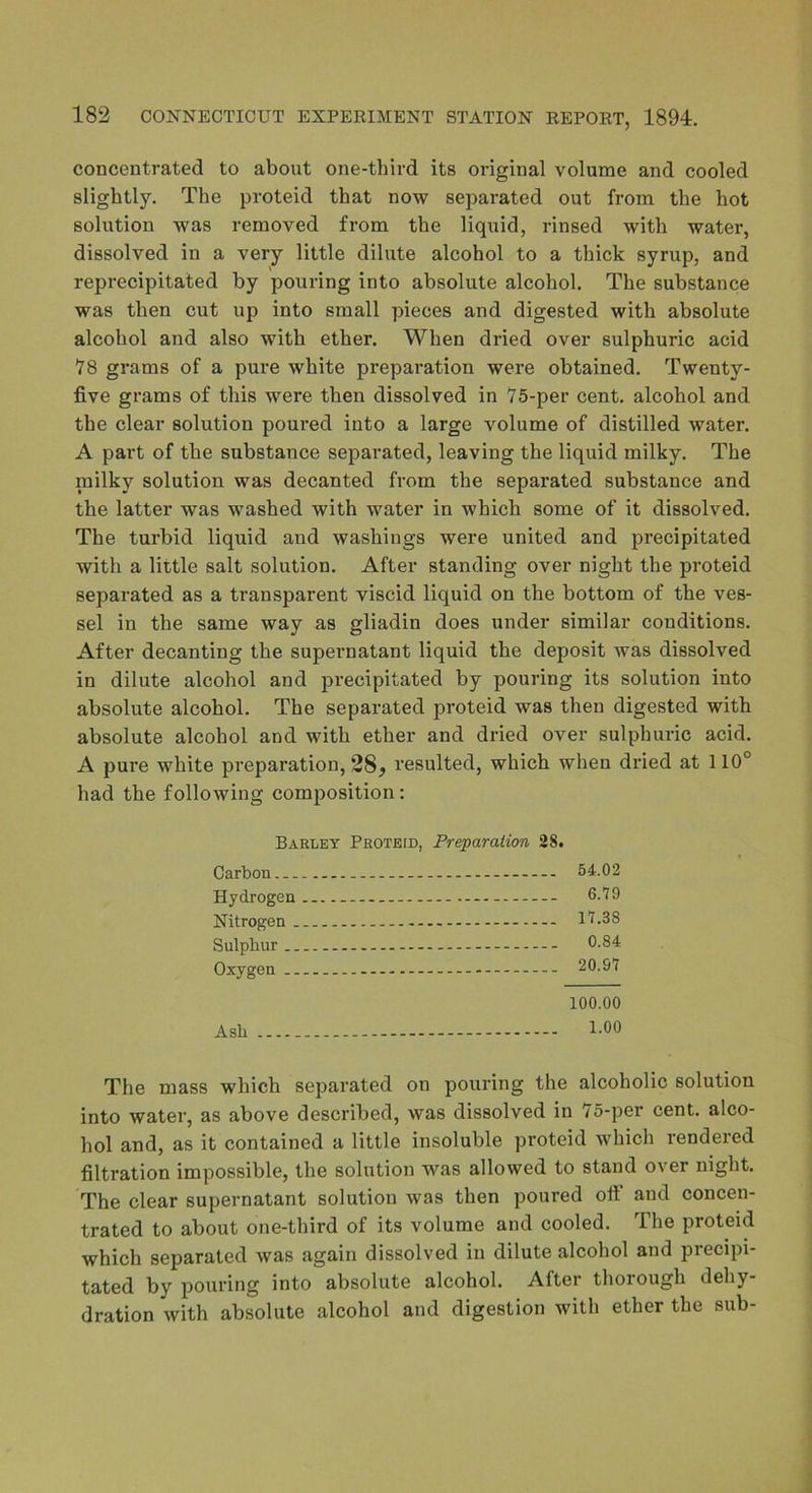 concentrated to about one-third its original volume and cooled slightly. The proteid that now separated out from the hot solution was removed from the liquid, rinsed with water, dissolved in a very little dilute alcohol to a thick syrup, and reprecipitated by pouring into absolute alcohol. The substance was then cut up into small pieces and digested with absolute alcohol and also with ether. When dried over sulphuric acid 78 grams of a pure white preparation were obtained. Twenty- five grams of this were then dissolved in 75-per cent, alcohol and the clear solution poui*ed into a large volume of distilled water. A part of the substance separated, leaving the liquid milky. The milky solution was decanted from the separated substance and the latter was washed with water in which some of it dissolved. The turbid liquid and washings were united and precipitated with a little salt solution. After standing over night the proteid separated as a transparent viscid liquid on the bottom of the ves- sel in the same way as gliadin does under similar conditions. After decanting the supernatant liquid the deposit was dissolved in dilute alcohol and precipitated by pouring its solution into absolute alcohol. The separated proteid was then digested with absolute alcohol and with ether and dried over sulphuric acid. A pure white preparation, 28^ resulted, which when dried at 110° had the following composition: Barley Proteid, Preparation 28# Carbon 54.02 Hydrogen - - 6.79 Nitrogen 17.38 Sulphur - - 0.84 Oxygen — - 20.97 100.00 Ash 1-00 The mass which separated on pouring the alcoholic solution into water, as above described, was dissolved in 75-per cent, alco- hol and, as it contained a little insoluble proteid which rendered filtration impossible, the solution was allowed to stand over night. The clear supernatant solution was then poured ott’ and concen- trated to about one-third of its volume and cooled. The proteid which separated was again dissolved in dilute alcohol and precipi- tated by pouring into absolute alcohol. After thorough dehy- dration with absolute alcohol and digestion with ether the sub-