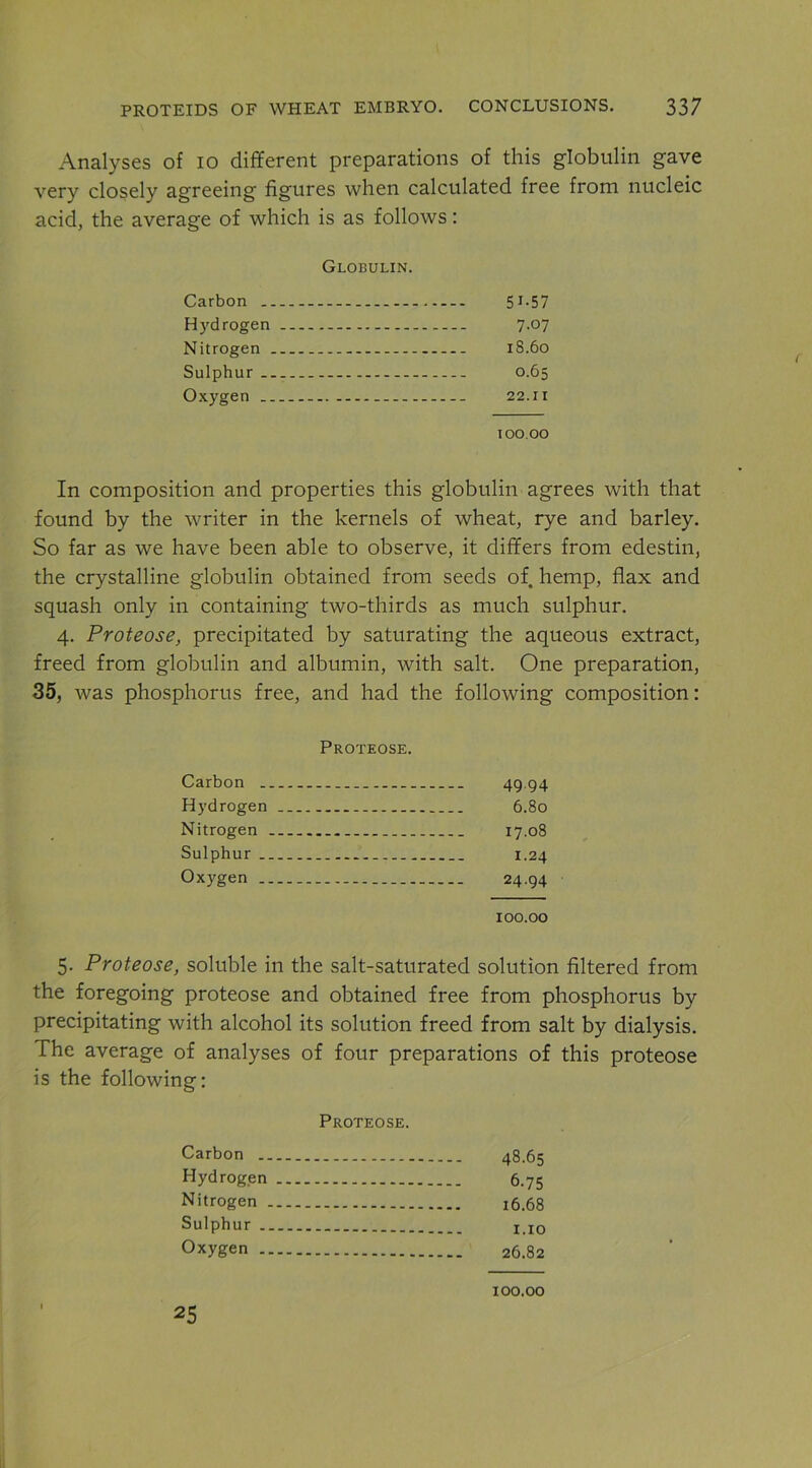 Analyses of lo different preparations of this globulin gave very closely agreeing figures when calculated free from nucleic acid, the average of which is as follows: Globulin. Carbon 51-57 Hydrogen 7.07 Nitrogen 18.60 Sulphur - 0.65 Oxygen 22.11 100,00 In composition and properties this globulin agrees with that found by the writer in the kernels of wheat, rye and barley. So far as we have been able to observe, it differs from edestin, the crystalline globulin obtained from seeds of hemp, flax and squash only in containing two-thirds as much sulphur. 4. Proteose, precipitated by saturating the aqueous extract, freed from globulin and albumin, with salt. One preparation, 35, was phosphorus free, and had the following composition: Proteose. Carbon 49-94 Hydrogen 6.80 Nitrogen 17.08 Sulphur 1.24 Oxygen 24.94 100.00 5. Proteose, soluble in the salt-saturated solution filtered from the foregoing proteose and obtained free from phosphorus by precipitating with alcohol its solution freed from salt by dialysis. The average of analyses of four preparations of this proteose is the following: Proteose. Carbon 48.65 Hydrogen 6.75 Nitrogen 16.68 Sulphur 1,10 Oxygen 26.82 25 100.00