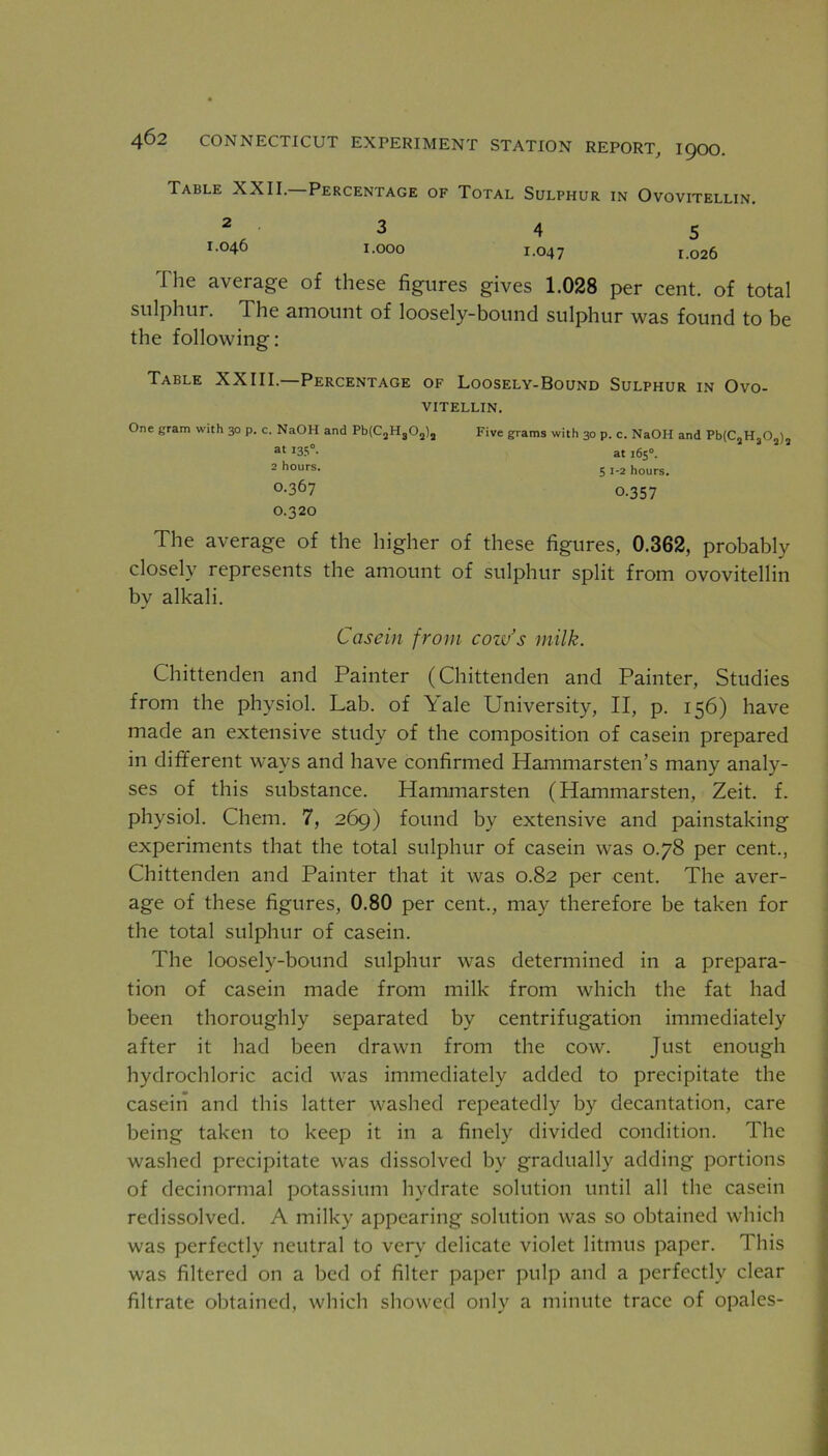 Table XXII. Percentage of Total Sulphur in Ovovitellin. 2 3 4 5 I046 1.000 1.047 1.026 [lie average of these figures gives 1.028 per cent, of total sulphur. The amount of loosely-bound sulphur was found to be the following: Table XXIII.—Percentage of Loosely-Bound Sulphur in Ovo- vitellin. One gram with 30 p. c. NaOH and Pb(C2H302)2 Five grams with 30 p. c. NaOH and Pb(C„H,0 ) « 135°. at 165°. 2 hours. 5 ,_2 hours. °-367 0.357 O.320 The average of the higher of these figures, 0.362, probably closely represents the amount of sulphur split from ovovitellin by alkali. Casein from coze’s milk. Chittenden and Painter (Chittenden and Painter, Studies from the physiol. Lab. of Yale University, II, p. 156) have made an extensive study of the composition of casein prepared in different ways and have confirmed Hammarsten’s many analy- ses of this substance. Hammarsten (Hammarsten, Zeit. f. physiol. Chem. 7, 269) found by extensive and painstaking experiments that the total sulphur of casein was 0.78 per cent., Chittenden and Painter that it was 0.82 per cent. The aver- age of these figures, 0.80 per cent., may therefore be taken for the total sulphur of casein. The loosely-bound sulphur was determined in a prepara- tion of casein made from milk from which the fat had been thoroughly separated by centrifugation immediately after it had been drawn from the cow. Just enough hydrochloric acid was immediately added to precipitate the casein and this latter washed repeatedly by decantation, care being taken to keep it in a finely divided condition. The washed precipitate was dissolved by gradually adding portions of decinormal potassium hydrate solution until all the casein redissolved. A milky appearing solution was so obtained which was perfectly neutral to very delicate violet litmus paper. This was filtered on a bed of filter paper pulp and a perfectly clear filtrate obtained, which showed only a minute trace of opales-