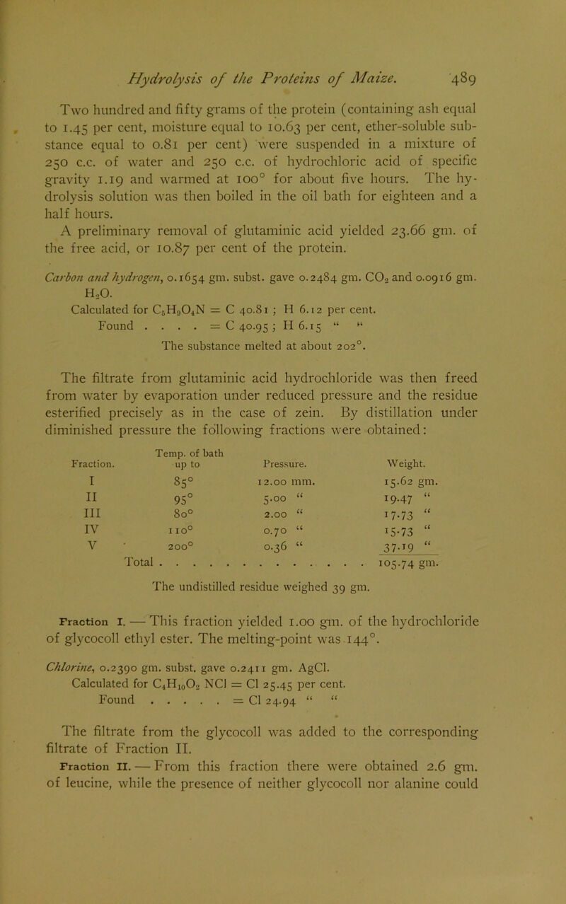 Two hundred and fifty grams of the protein (containing ash equal to 1.45 per cent, moisture equal to 10.63 Per cent> ether-soluble sub- stance equal to 0.81 per cent) were suspended in a mixture of 250 c.c. of water and 250 c.c. of hydrochloric acid of specific gravity 1.19 and warmed at ioo° for about five hours. The hy- drolysis solution was then boiled in the oil bath for eighteen and a half hours. A preliminary removal of glutaminic acid yielded 23.66 gm. of the free acid, or 10.87 Per cent of the protein. Carbon and hydrogen, 0.1654 gm. subst. gave 0.2484 gm. C02 and 0.0916 gm. HoO. Calculated for C5H904N = C 40.81 ; H 6.12 per cent. Found . . . . = C 40.95 ; H 6.15 “ “ The substance melted at about 202°. The filtrate from glutaminic acid hydrochloride was then freed from water by evaporation under reduced pressure and the residue esterified precisely as in the case of zein. By distillation under diminished pressure the following fractions were obtained: Fraction. Temp, of bath up to Pressure. Weight. I 85° 12.00 mm. 15.62 gm. II 95° Ln b 0 19.47 “ III 8o° 2.00 “ 17-73 “ IV IIO° p •o 0 15-73 “ V 200° 0.36 “ 37-^9 “ Total The undistilled residue weighed 39 gm. 105.74 gm. Fraction I. — This fraction yielded 1.00 gm. of the hydrochloride of glycocoll ethyl ester. The melting-point was 1440. Chlorine, 0.2390 gm. subst. gave 0.2411 gm. AgCl. Calculated for C4H10O2 NCI = Cl 25.45 per cent. Found = Cl 24.94 “ “ The filtrate from the glycocoll was added to the corresponding filtrate of Fraction II. Fraction ii. — From this fraction there were obtained 2.6 gm. of leucine, while the presence of neither glycocoll nor alanine could