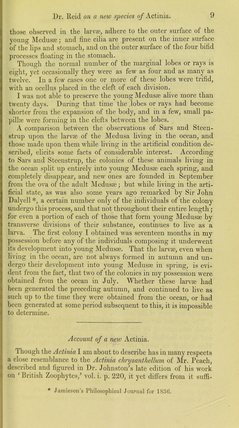 those observed in the larvae, adhere to the outer surface of the young Medusae; and fine cilia are present on the inner surface of the lips and stomach, and on the outer surface of the four bifid processes floating in the stomach. Though the normal number of the marginal lobes or rays is eight, yet occasionally they were as few as four and as many as twelve. In a few cases one or more of these lobes were trifid, with an ocellus placed in the cleft of each division. I was not able to preserve the young Medusae alive more than twenty days. During that time the lobes or rays had become shorter from the expansion of the body, and in a few, small pa- pillae were forming in the clefts between the lobes. A comparison between the observations of Sars and Steen- strup upon the larvae of the Medusa living in the ocean, and those made upon them while living in the artificial condition de- scribed, elicits some facts of considerable interest. According to Sars and Steenstrup, the colonies of these animals living in the ocean split up entirely into young Medusae each spring, and completely disappear, and new ones are founded in September from the ova of the adult Medusae; but while living in the arti- ficial state, as was also some years ago remarked by Sir John Dalyell *, a certain number only of the individuals of the colony undergo this process, and that not throughout their entire length; for even a portion of each of those that form young Medusae by transverse divisions of their substance, continues to live as a larva. The first colony I obtained was seventeen months in my possession before any of the individuals composing it underwent its development into young Medusae. That the larvae, even when living in the ocean, are not always formed in autumn and un- dergo their development into young Medusae in spring, is evi- dent from the fact, that two of the colonies in my possession were obtained from the ocean in July. Whether these larvae had been generated the preceding autumn, and continued to live as such up to the time they were obtained from the ocean, or had been generated at some period subsequent to this, it is impossible to determine. Account of a new Actinia. Though the Actinia I am about to describe has in many respects a close resemblance to the Actinia c hrys ant helium of Mr. Peach, described and figured in Dr. Johnston's late edition of his work on (Bidtish Zoophytes/ vol. i. p. 220, it yet differs from it suffi- * Jamieson’s Philosophical Journal for 18.‘3G.