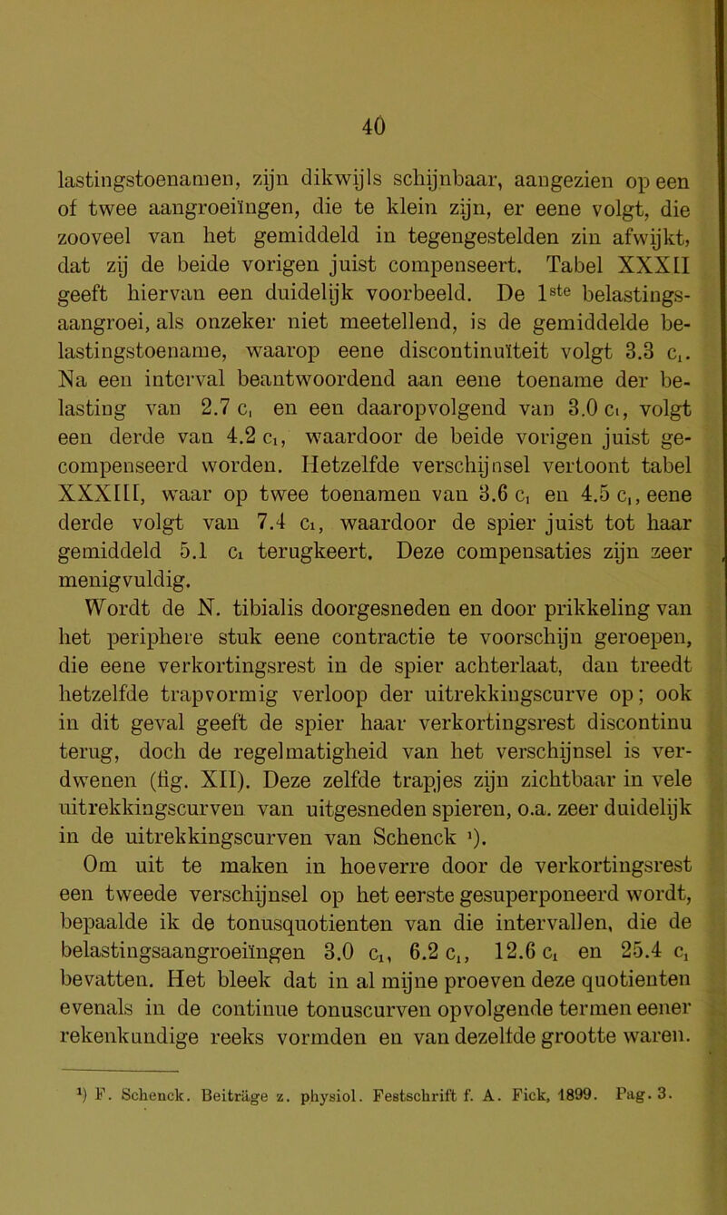 lastingstoenamen, zijn dikwijls scliijnbaar, aaiigezien op een of twee aangroeilugen, die te klein zijn, er eene volgt, die zooveel van het gemiddeld in tegengestelden zin afwijkt, dat zij de beide vorigen juist compenseert. Tabel XXXII geeft hiervan een duidelijk voorbeeld. De belastings- aangroei, als onzeker niet meetellend, is de gemiddelde be- lastingstoename, waarop eene discontinulteit volgt 3.3 Ci. Na een interval beantwoordend aan eene toename der be- lastiug van 2.7 c, en een daaropvolgend van 3.0 ci, volgt een derde van 4.2 Ci, waardoor de beide vorigen juist ge- compenseerd worden. Hetzelfde verschijnsel vertoont tabel XXXltl, waar op twee toenamen van 3.6 c, en 4.5 c,, eene derde volgt van 7.4 Ci, waardoor de spier juist tot haar gemiddeld 5.1 Ci terugkeert. Deze compensaties zijn zeer menigvuldig. Wordt de N. tibialis doorgesneden en door prikkeling van het peripliere stuk eene contractie te voorschijn geroepen, die eene verkortingsrest in de spier achterlaat, dan treedt hetzelfde trapvormig verloop der uitrekkiugscurve op; ook in dit geval geeft de spier haar verkortingsrest discontinu terug, doch de regel matigheid van het verschijnsel is ver- dwenen (tig. XII). Deze zelfde trapjes zijn zichtbaar in vele uitrekkingscurven van uitgesneden spieren, o.a. zeer duidelijk in de uitrekkingscurven van Schenck ')• Om uit te maken in hoeverre door de verkortingsrest een tweede verschijnsel op het eerste gesuperponeerd wordt, bepaalde ik de tonusquotienten van die interval]en, die de belastingsaangroeilngen 3.0 Ci, 6.2 c,, 12.6 c, en 25.4 c, bevatten. Het bleek dat in al mijne proeven deze quotienten evenals in de continue tonuscurven opvolgende termen eener rekenkundige reeks vormden en van dezelfde grootte waren. F. Schenck. Beitriige z. physiol. Festschrift f. A. Fick, 1899. Pag. 3.