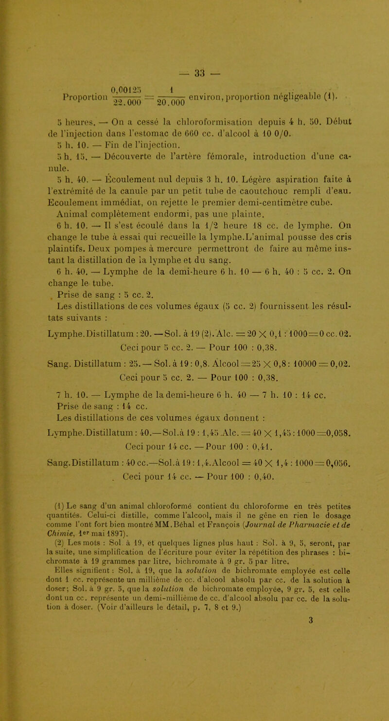 • 0,00125 1 . . Proportion )0 Qü() = ^ 0QQ environ,proportion négligeable (1). 5 heures. — On a cessé la chloroformisation depuis 4 h. 50. Début de l’injection dans l’estomac de 600 cc. d’alcool à 10 0/0. 5 h. 10. — Fin de l’injection. 5 h. 15. — Découverte de l’artère fémorale, introduction d’une ca- nule. o h. 40. — Écoulement nul depuis 3 h. 10. Légère aspiration faite à l’extrémité de la canule par un petit tube de caoutchouc rempli d’eau. Ecoulement immédiat, on rejette le premier demi-centimètre cube. Animal complètement endormi, pas une plainte. 6 h. 10. — Il s’est écoulé dans la 1/2 heure 18 cc. de lymphe. On change le tube à essai qui recueille la lymphe.L’animal pousse des cris plaintifs. Deux pompes à mercure permettront de faire au môme ins- tant la distillation de la lymphe et du sang. 6 h. 40. — Lymphe de la demi-heure 6 h. 10 — 6 h. 40 : 5 cc. 2. On change le tube. Prise de sang : 5 cc. 2. Les distillations de ces volumes égaux (5 cc. 2) fournissent les résul- tats suivants : Lymphe. Distillatum : 20. —Sol. à 19 (2). Aie. = 20 X 0,1:1000=0 cc. 02. Ceci pour 5 cc. 2. — Pour 100 : 0,38. Sang. Distillatum : 25.— Sol.à 19: 0,8. Àlcool = 25 X 0,8: 10000 = 0,02. Ceci pour 5 cc. 2. — Pour 100 : 0,38. 7 h. 10. — Lymphe de la demi-heure 6 h. 40 — 7 h. 10 : 14 cc. Prise de sang : 14 cc. Les distillations de ces volumes égaux donnent : Lymphe.Distillatum : 40.— Sol.à 19 :1,45 Ale.=40 X 1,45:1000=0,058. Ceci pour 14 cc. —Pour 100 : 0,41. Sang.Distillatum : 40 cc.—Sol.à 19:1,4.Alcool = 40 X 1,4:1000 = 0,056. . Ceci pour 14 cc. — Pour 100 : 0,40. (1) Le sang d’un animal chloroformé contient du chloroforme en très petites quantités. Celui-ci distille, comme l’alcool, mais il ne gêne en rien le dosage comme l’ont fort bien montré MM .Béhal et François (Journal de Pharmacie et de Chimie, lep mai 1897). (2) Les mots : Sol à 19, et quelques lignes plus haut : Sol. à 9, 5, seront, par la suite, une simplification de l’écriture pour éviter la répétition des phrases : bi- chromate à 19 grammes par litre, bichromate à 9 gr. 5 par litre. Elles signifient : Sol. à 19, que la solution de bichromate employée est celle dont 1 cc. représente un millième de cc. d'alcool absolu par cc. de la solution à doser; Sol. à 9 gr. 5, que la solution de bichromate employée, 9 gr. 5, est celle dont un cc. représente un demi-millième de cc. d’alcool absolu par cc. de la solu- tion à doser. (Voir d’ailleurs le détail, p. 7, 8 et 9.) 3