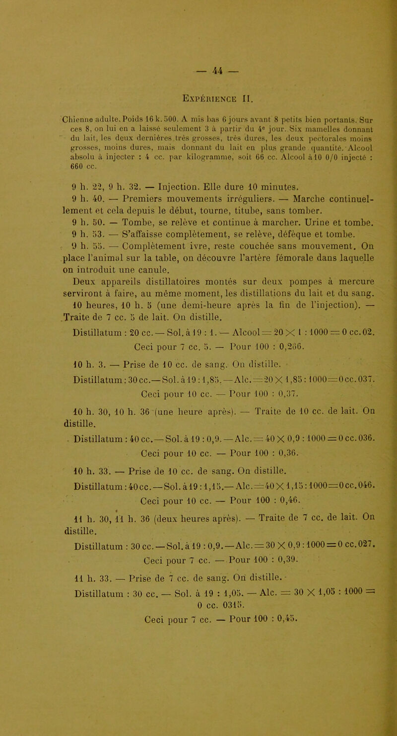 Expéiuence II. Chienne adulte. Poids 16 k.500. A mis has fi jours avant 8 petits bien portants. Sur ces 8, on lui en a laissé seulement 3 à partir du 4e jour. Six mamelles donnant du lait, les deux dernières.très grosses, très dures, les deux pectorales moins grosses, moins dures, mais donnant du lait en plus grande quantité. Alcool absolu à injecter : 4 cc. par kilogramme, soit 66 cc. Alcool à 10 0/0 injecté : 660 cc. 9 h. 22, 9 h. 32. — Injection. Elle dure 10 minutes. 9 h. 40. — Premiers mouvements irréguliers. — Marche continuel- lement et cela depuis le début, tourne, titube, sans tomber. 9 h. 50. — Tombe, se relève et continue à marcher. Urine et tombe. 9 h. 53. — S’affaisse complètement, se relève, défèque et tombe. 9 h. 55. — Complètement ivre, reste couchée sans mouvement. On place l’animal sur la table, on découvre l’artère fémorale dans laquelle on introduit une canule. Deux appareils distillatoires montés sur deux pompes à mercure serviront à faire, au même moment, les distillations du lait et du sang. 10 heures, 10 h. 5 (une demi-heure après la fin de l’injection). — Traite de 7 cc. 5 de lait. On distille. Dislillatum : 20 cc.— Sol. à 19 : 1. — Alcool = 20 X l : 1000 = 0 cc.02. Ceci pour 7 cc. 5. — Pour 100 : 0,206. 10 h. 3. — Prise de 10 cc. de sang. On distille. Distillatum: 30 cc.—Sol. à 19:1,85. — Aie. = 20 X 1,85:1000=0 cc. 037. Ceci pour 10 cc. — Pour 100 : 0,37. 10 h. 30, 10 h. 36 (une heure après). — Traite de 10 cc. de lait. On distille. Distillatum : 40 cc. — Sol. à 19 : 0,9. — Aie. = 40 X 0,9 : 1000 = 0 cc.036. Ceci pour 10 cc. — Pour 100 : 0,36. 10 h. 33. — Prise de 10 cc. de sang. On distille. Distillatum :40cc. — Sol. à 19:1,15.— Alc. = 40X 1,15:1000=0cc.046. Ceci pour 10 cc. — Pour 100 : 0,46. 11 h. 30, 11 h. 36 (deux heures après). — Traite de 7 cc. de lait. On distille. Distillatum : 30 cc. — Sol. à 19 : 0,9.—Aie. = 30 X 0,9:1000 = 0 ce. 02 7. Ceci pour 7 cc. — Pour 100 : 0,39. 11 h. 33. — Prise de 7 cc. de sang. On distille. Distillatum : 30 cc. — Sol. à 19 : 1,05. — Aie. = 30 X 1,05 : 1000 = 0 cc. 0315.