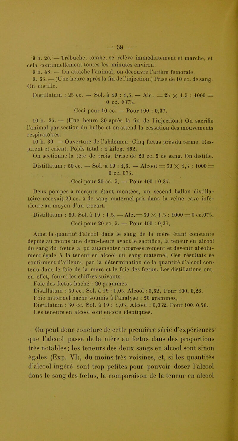 9 li. 20. —Trébuche, tombe, se relève immédiatement et marche, et cela continuellement toutes les minutes environ. 9 h. 48. — On attache l’animal, on découvre l’artère fémorale. 9. 50. — (Une heure après la fin de l’injection.) Prise de 10 cc. de sang. On distille. Distillatum : 25 cc. — Sol. à 19 : 1,5. — Aie. =25 X 1,5 : 1000 = 0 cc. (i.375. Ceci pour 10 cc. — Pour 100 : 0,37. 10 h. 25. — (Une heure 30 après la fin de l’injection.) On sacrifie l’animal par section du bulbe et on attend la cessation des mouvements respiratoires. 10 h. 30. — Ouverture de l’abdomen. Cinq fœtus près du terme. Res- pirent et crient. Poids total : 1 kilog. 162. On sectionne la tête de trois. Prise de 20 cc. 5 de sang. On distille. Distillatum : 50 cc. — Sol. à 19 : 1,5. — Alcool = 50 X 1,5 : 1000 = 0 cc. 075. Ceci pour 20 cc. 5. — Pour 100 : 0,37. Deux pompes à mercure étant montées, un second ballon distilla- toire recevait 20 cc. 5 de sang maternel pris dans la veine cave infé- rieure au moyen d’un trocart. Distillatum : 50. Sol. à 19 : 1,5. — Alc.= 50 X 1-5 : 1000 = 0 cc.075. Ceci pour 20 cc. 5. — Pour 100 : 0,37. Ainsi la quantité d’alcool dans le sang do la mère étant constante depuis au moins une demi-heure avant le sacrifice, la teneur en alcool du sang du fœtus a pu augmenter progressivement et devenir absolu- ment égale à la teneur en alcool du sang maternel. Ces résultats se confirment d’ailleurs, par la détermination de la quantité d’alcool con- tenu dans le foie de la mère et le foie des fœtus. Les distillations ont, en effet, fourni les chiffres suivants : Foie des fœtus haché : 20 grammes. Distillatum : 50 cc. Sol. à 19 : 1,05. Alcool : 0,52. Pour 100, 0,26. Foie maternel haché soumis à l’analyse : 20 grammes. Distillatum : 50 cc. Sol. à 19 : 1,05. Alcool : 0,052. Pour 100, 0,26. Les teneurs en alcool sont encore identiques. On peut donc conclure de celle première série d’expériences que l’alcool passe de la mère au fœtus dans des proportions très notables; les teneurs des deux sangs en alcool sont sinon égales (Exp. VI), du moins très voisines, et, si les quantités d’alcool ingéré sont trop petites pour pouvoir doser l'alcool dans le sang des fœtus, la comparaison de la teneur en alcool