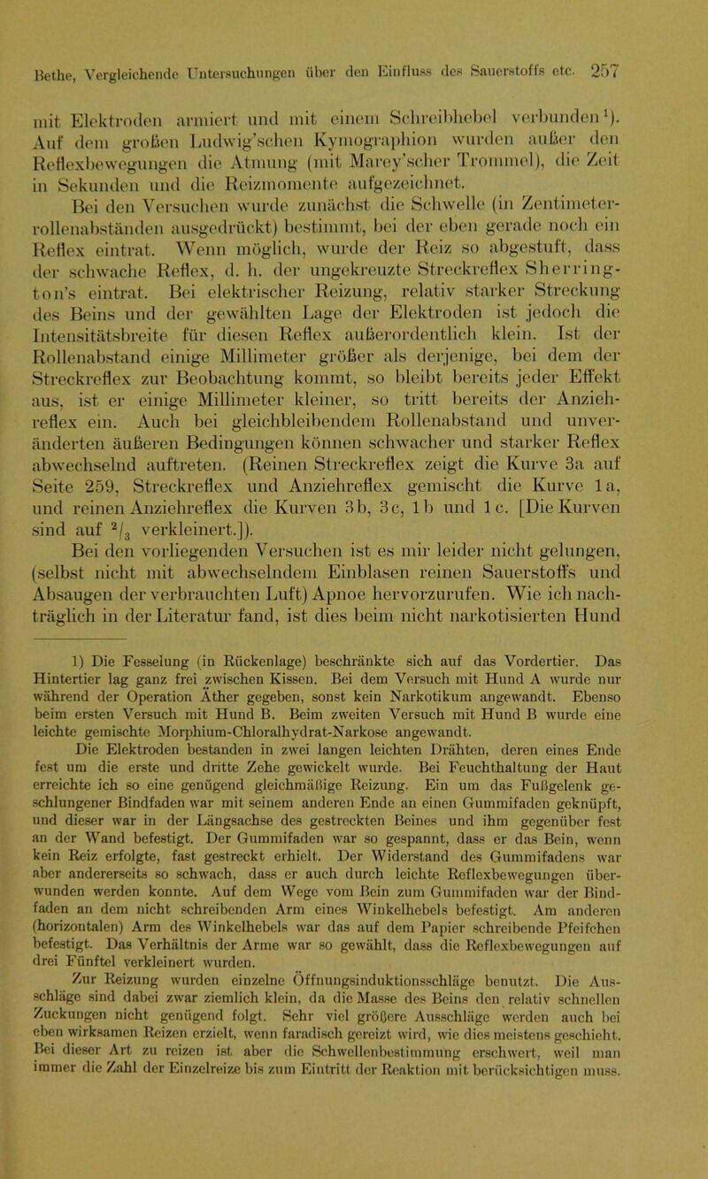 mit Elektroden armiert und mit einem Schreibhebcl verbunden1). Auf dem großen Ludwig’schen Kymographion wurden außer den Reflexbewegungen die Atmung (mit Marey scher 1. rommel), die /eit in Sekunden und die Reizmomente aufgezeichnet. Bei den Versuchen wurde zunächst die Schwelle (in Zentimeter- rollenabständen ausgedrückt) bestimmt, bei der eben gerade noch ein Reflex eintrat. Wenn möglich, wurde der Reiz so abgestuft, dass der schwache Reflex, d. h. der ungekreuzte Streckreflex Sherring- t.on’s eintrat. Bei elektrischer Reizung, relativ starker Streckung des Beins und der gewählten Lage der Elektroden ist jedoch die Intensitätsbreite für diesen Reflex außerordentlich klein. Ist der Rollenabstand einige Millimeter größer als derjenige, bei dem der Streckreflex zur Beobachtung kommt, so bleibt bereits jeder Effekt aus, ist er einige Millimeter kleiner, so tritt bereits der Anzieh- reflex ein. Auch bei gleichbleibendem Rollenabstand und unver- änderten äußeren Bedingungen können schwacher und starker Reflex abwechselnd auftreten. (Reinen Streckreflex zeigt die Kurve 3a auf Seite 259, Streckreflex und Anziehreflex gemischt die Kurve 1 a, und reinen Anziehreflex die Kurven 3 b, 3 c, lb und 1 c. [Die Kurven sind auf 2/3 verkleinert.]). Bei den vorliegenden Versuchen ist es mir leider nicht gelungen, (selbst nicht mit abwechselndem Einblasen reinen Sauerstoffs und Absaugen der verbrauchten Luft) Apnoe hervorzurufen. Wie ich nach- träglich in der Literatur fand, ist dies beim nicht narkotisierten Hund 1) Die Fesselung (in Rückenlage) beschränkte sich auf das Vordertier. Das Hintertier lag ganz frei zwischen Kissen. Bei dem Versuch mit Hund A wurde nur während der Operation Äther gegeben, sonst kein Narkotikum angewandt. Ebenso beim ersten Versuch mit Hund B. Beim zweiten Versuch mit Hund B wurde eine leichte gemischte Morphium-Chloralhydrat-Narkose angewandt. Die Elektroden bestanden in zwei langen leichten Drähten, deren eines Ende fest um die erste und dritte Zehe gewickelt wurde. Bei Feuchthaltung der Haut erreichte ich so eine genügend gleichmäßige Reizung. Ein um das Fußgelenk ge- schlungener Bindfaden war mit seinem anderen Ende an einen Gummifaden geknüpft, und dieser war in der Längsachse des gestreckten Beines und ihm gegenüber fest an der Wand befestigt. Der Gummifaden war so gespannt, dass er das Bein, wenn kein Reiz erfolgte, fast gestreckt erhielt. Der Widerstand des Gummifadens war aber andererseits so schwach, dass er auch durch leichte Reflexbewegungen über- wunden werden konnte. Auf dem Wege vom Bein zum Gummifaden war der Bind- faden an dem nicht schreibenden Arm eines Winkelhebels befestigt. Am anderen (horizontalen) Arm des Winkclhebels war das auf dem Papier schreibende Pfeifchen befestigt. Das Verhältnis der Arme war so gewählt, dass die Reflexbewegungen auf drei Fünftel verkleinert wurden. Zur Reizung wurden einzelne Öffnungsinduktionsschläge benutzt. Die Aus- schläge sind dabei zwar ziemlich klein, da die Masse des Beins den relativ schnellen Zuckungen nicht genügend folgt. Sehr viel größere Ausschläge werden auch bei eben wirksamen Reizen erzielt, wenn faradisch gereizt wird, wie dies meistens geschieht. Bei dieser Art zu reizen ist aber die Schwellenbestimmung erschwert, weil man immer die Zahl der Einzelreize bis zum Eintritt der Reaktion mit berücksichtigen muss.