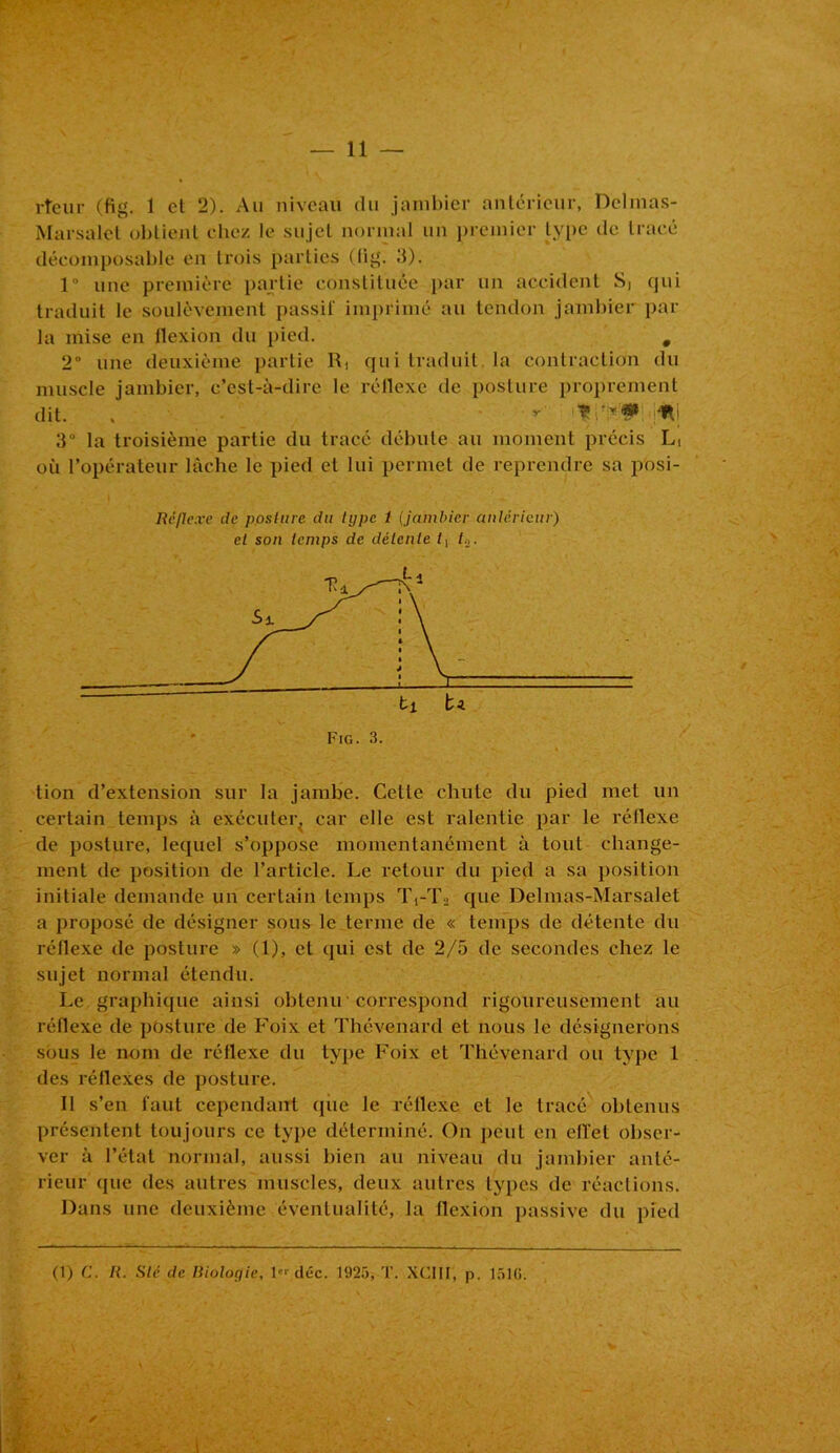 — li- vreur (fig. 1 et 2). Au niveau du jambier antérieur, Delmas- Marsalcl obtient chez le sujet normal un premier type de tracé décomposable en trois parties (tig. 3). 1° une première partie constituée par un accident S, qui traduit le soulèvement passif imprimé au tendon jambier par la mise en flexion du pied. # 2“ une deuxième partie R, qui traduit la contraction du muscle jambier, c’est-à-dire le réflexe de posture proprement dit. , '• t JHj 3° la troisième partie du tracé débute au moment précis L, où l’opérateur lâche le pied et lui permet de reprendre sa posi- Rcftexe de posture du type 1 (jambier anterieur) et son temps de détente tion d’extension sur la jambe. Celle chute du pied met un certain temps à exécuter^ car elle est ralentie par le réflexe de posture, lequel s’oppose momentanément à tout change- ment de position de l’article. Le retour du pied a sa position initiale demande un certain temps T(-T2 que Delmas-Marsalet a proposé de désigner sous le terme de « temps de détente du réflexe de posture » (1), et qui est de 2/5 de secondes chez le sujet normal étendu. Le graphique ainsi obtenu correspond rigoureusement au réflexe de posture de Foix et Thévenard et nous le désignerons sous le nom de réflexe du type Foix et Thévenard ou type 1 des réflexes de posture. Il s’en faut cependant que le réflexe et le tracé obtenus présentent toujours ce type déterminé. On peut en effet obser- ver à l’état normal, aussi bien au niveau du jambier anté- rieur que des autres muscles, deux autres types de réactions. Dans une deuxième éventualité, la flexion passive du pied