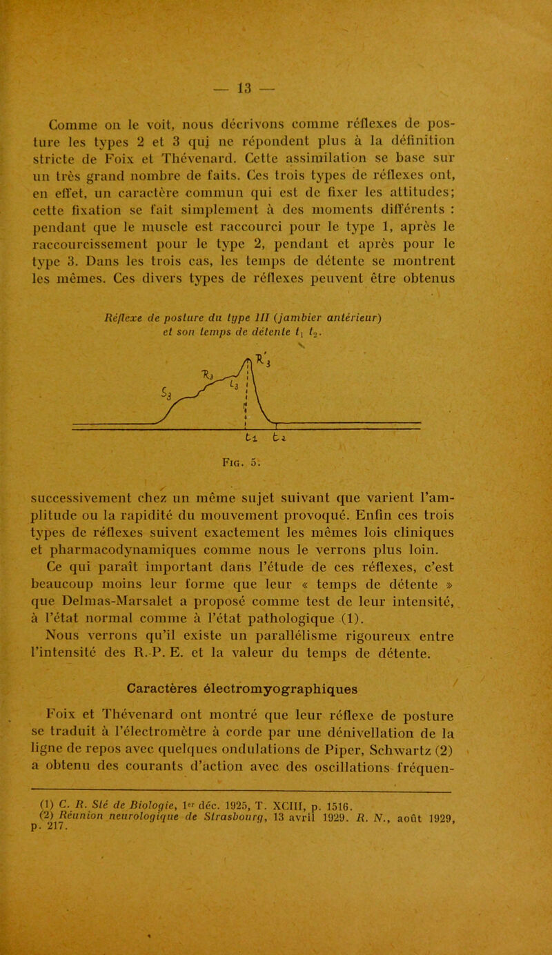 Comme on le voit, nous décrivons comme réflexes de pos- ture les types 2 et 3 quj ne répondent plus à la définition stricte de Foix et Thévenard. Cette assimilation se base sur un très grand nombre de faits. Ces trois types de réflexes ont, en effet, un caractère commun qui est de fixer les attitudes; cette fixation se fait simplement à des moments différents : pendant que le muscle est raccourci pour le type 1, après le raccourcissement pour le type 2, pendant et après pour le type 3. Dans les trois cas, les temps de détente se montrent les mêmes. Ces divers types de réflexes peuvent être obtenus JRéflexe de posture du type III (jambier antérieur) et son temps de détente t{ t2. / successivement chez un même sujet suivant que varient l’am- plitude ou la rapidité du mouvement provoqué. Enfin ces trois types de réflexes suivent exactement les mêmes lois cliniques et pharmacodynamiques comme nous le verrons plus loin. Ce qui paraît important dans l’élude de ces réflexes, c’est beaucoup moins leur forme que leur « temps de détente » que Delmas-Marsalet a proposé comme test de leur intensité, à l’état normal comme à l’état pathologique (1). Nous verrons qu’il existe un parallélisme rigoureux entre l’intensité des R. P. E. et la valeur du temps de détente. Caractères électromyographiques Foix et Thévenard ont montré que leur réflexe de posture se traduit à l’électromètre à corde par une dénivellation de la ligne de repos avec quelques ondulations de Piper, Schwartz (2) a obtenu des courants d’action avec des oscillations fréquen- (1) C. R. Sté de Biologie, déc. 1925, T. XCIII, p. 1516.