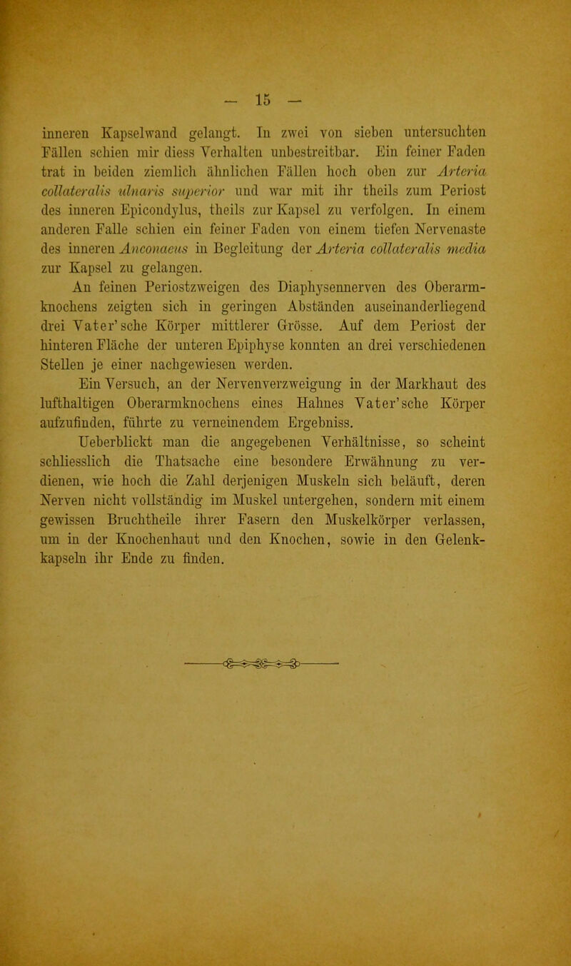 inneren Kapselwand gelangt. In zwei von sieben untersuchten Fällen schien mir diess Verhalten unbestreitbar. Ein feiner Faden trat in beiden ziemlich ähnlichen Fällen hoch oben zur Artcria cöllateralis ulnaris superior und war mit ihr tbeils zum Periost des inneren Epicondylus, tbeils zur Kapsel zu verfolgen. In einem anderen Falle schien ein feiner Faden von einem tiefen Nervenaste des inneren Anconaeus in Begleitung der Arteria cöllateralis media zur Kapsel zu gelangen. An feinen Periostzweigen des Diaphysennerven des Oberarm- knochens zeigten sich in geringen Abständen auseinanderliegend drei Vater’sehe Körper mittlerer Grösse. Auf dem Periost der hinteren Fläche der unteren Epiphyse konnten an drei verschiedenen Stellen je einer nachgewiesen werden. Ein Versuch, an der Nervenverzweigung in der Markhaut des lufthaltigen Oberarmknochens eines Halmes Vater’sehe Körper aufzufinden, führte zu verneinendem Ergebniss. Ueberblickt man die angegebenen Verhältnisse, so scheint schliesslich die Thatsache eine besondere Erwähnung zu ver- dienen, wie hoch die Zahl derjenigen Muskeln sich beläuft, deren Nerven nicht vollständig im Muskel untergehen, sondern mit einem gewissen Bruchtheile ihrer Fasern den Muskelkörper verlassen, um in der Knochenhaut und den Knochen, sowie in den Gelenk- kapseln ihr Ende zu finden. /