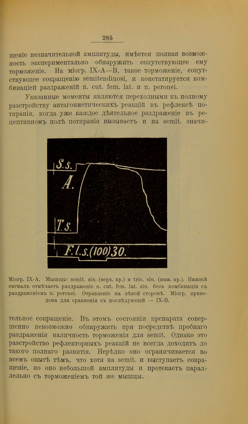 r 285 menie nesHaniiTejiBHoit aMnjiiiTyj^H, HM'feeTca nojinaa bobmo®- HOCTL BKcnepuMeHTajibHo oOHapyatHTL conyTCTByiomee eMy TopMOJKenie. Ha Miorp. IX-A—B, TaKoe TopMOJKenie, conyx- cTByioipee coKpaipeHiio semitendinosi, h KOHciaTHpyeTCH kom- dHHapieft paanpaacenift n. cut. fern. lat. h n. peronei. yKaaaHHHe momchth bbjibiotcji nepexoflHHMU kb nojiHOMy paacTpofiCTBy aHTaroHHCTuuecKPixB peaKpifi bb pe(|)jieKcl5 no- Tiipania, Korpa y^e KasKpoe p'^aiejibHoe paappasKeuie bb pe- peuTiiBHOMB nojii noTiipaHiB BHSHBaeTB H Ha semit. anauH- Miorp. IX-A. Muiim,H: semit. sin. (sepx. Kp.) h trie. sin. (hhjk. icp.). Hnacnifl cnrHaJit OTM-fenaer'B pa3ji;pa3KeHie n. cut. fem. lat. sin. 6e3t KOM6nHau,in cb paaflpaTKenieMB n.' peronei. OrpaBJienie na Ji'inoft CTopoHi. Miorp. npune- .Aena .z;jia cpaBnenia cb nocji'fejnyiomeft — IX-B. TCJiBHoe coKpaui,eHie. Bb 3tomb cocTOHniH npenapaxa coBcp- HieHHO HCBoaMontHO odnapyiKHTb npn nocpepcTB'fe npoSnaro paaflpajKeniH najinuHOCTb TopMOJKeniH pjiH semit. OpnaKO aio paacipoPcTBO pe(|)jieKTopHHXB peaKpia ne Bcerpa poxopuTB po TaKoro nojiHaro paaBUTia. Hep'fcpKO oho orpaHiiuHBaeTCH bo BC6MB OntlTi) T'i.MB, HTO XOTH HH Semit. H BHCTynaeTB COKpa- ipeme, ho oho nedojibrnolt aMHJiHTypH h npoxeKaeiB napaji- JiejibHo CB TopMOjKenieMB top jkg MHmpH.