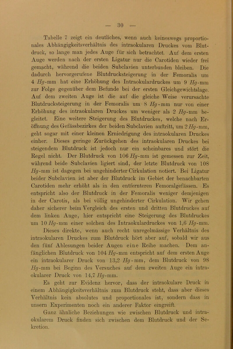 Tabelle 7 zeigt ein deutliches, wenn auch keineswegs proportio- nales Abhängigkeitsverhältnis des intraokularen Druckes vom Blut- druck, so lange man jedes Auge für sich betrachtet. Auf dem ersten Auge werden nach der ersten Ligatur nur die Carotiden wieder frei gemacht, während die beiden Subclavien unterbunden bleiben. Die dadurch hervorgerufene Blutdrucksteigerung in der Femoralis um 4 Hg-mm hat eine Erhöhung des Intraokulardruckes um 9 Ilg-mm zur Folge gegenüber dem Befunde bei der ersten Gleichgewichtslage. Auf dem zweiten Auge ist die auf die gleiche Weise verursachte Blutdrucksteigerung in der Femoi’ahs um 8 Hg-mm nur von einer Erhöhung des intraokularen Druckes um weniger als 2 Hg-mm be- gleitet. Eine weitere Steigerung des Blutdruckes, welche nach Er- öffnung des Gefässbezirkes der beiden Subclavien auftritt, nm2Hg-mm, geht sogar mit einer kleinen Erniedrigung des intraokularen Druckes einher. Dieses geringe Zurückgehen des intraokularen Druckes bei steigendem Blutdruck ist jedoch nur ein scheinbares und stört die Regel nicht. Der Blutdruck von 106 Hg-mm ist gemessen zur Zeit, während beide Subclavien ligiert sind, der letzte Blutdruck von 108 Hg-mm ist dagegen bei ungehinderter Cirkulation notiert. Bei Ligatur beider Subclavien ist aber der Blutdruck im Gebiet der benachbarten Carotiden mehr erhöht als in den entfernteren Femoralgefässen. Es entspricht also der Blutdruck in der Femoralis weniger demjenigen in der Carotis, als bei völlig ungehinderter Cirkulation. Wir gehen daher sicherer beim Vergleich des ersten und dritten Blutdruckes auf dem linken Auge, hier entspricht eine Steigerung des Blutdruckes um 10Lfr/-mm einer solchen des Intraokulardruckes von 1,6 Hg-mm. Dieses direkte, wenn auch recht unregelmässige Verhältnis des intraokularen Druckes zum Blutdruck hört aber auf, sobald wir aus den fünf Ablesungen beider Augen eine Reihe machen. Dem an- fänglichen Blutdruck von 10417</-mm entspricht auf dem ersten Auge ein intraokularer Druck von 13,2 Hg-mm, dem Blutdruck von 98 Hg-mm bei Beginn des Versuches auf dem zweiten Auge ein intra- okularer Druck von 14,7 Hg-mm. Es geht zur Evidenz hervor, dass der intraokulare Druck in einem Abhängigkeitsverhältnis zum Blutdruck steht, dass aber dieses Verhältnis kein absolutes und proportionales ist, sondern dass in unsern Experimenten noch ein anderer Faktor eingreift. Ganz ähnliche Beziehungen wie zwischen Blutdruck und intra- okularem Druck finden sich zwischen dem Blutdruck und der Se- kretion.