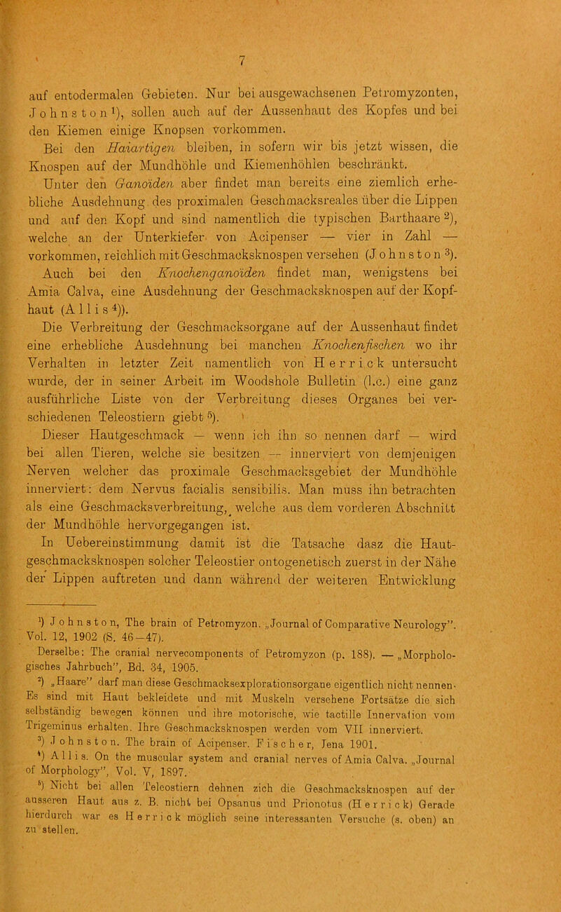 auf entodermalen Crebieten. Nur bei ausgewachsenen Petromyzonten, Johnston i), sollen auch auf der Aussenhaut des Kopfes and bei den Kienien einige Knopsen vorkommen. Bei den Haiartigen bleiben, in sofern wir bis jetzt wissen, die Knospen auf der Mundhohle und Kienienhohien bescbrankt. Unter den Gano'iden aber findet man bereits eine ziemlich erhe- bliche Ausdehnung des proximalen Geschmacksreales iiber die Lippen und auf den Kopf und sind namentlich die typischen Barthaare welche an der Unterkiefer. von Acipenser — vier in Zahl — vorkommen, reieblich mit Geschmacksknospen versehen (J o h n s t o n 3). Auch bei den Knochenganoidm findet man, wenigstens bei Amia Calva, eine Ausdehnung der Geschmacksknospen auf der Kopf- haut (Allis ‘^)). Die Verbreitung der Geschmacksorgane auf der Aussenhaut findet eine erhebliche Ausdehnung bei manchen Knochenfischen wo ihr Verhalten in letzter Zeit namentlich von Herrick untersucht wurde, der in seiner Arbeit im Woodshole Bulletin (l.c.) eine ganz ausfiihrliche Liste von der Verbreitung dieses Organes bei ver- schiedenen Teleostiern giebt 3). > Dieser Hautgeschmack — wenn ich ihn so nennen darf — wird bei alien Tieren, welche sie besitzen — innerviert von demjenigen Nerven welcher das proximale Geschmacksgebiet der Mundhohle innerviert: dera Nervus facialis sensibilis. Man muss ihn betrachten als eine Geschmacksverbreitung,^ welche aus dem vorderen Abschnitt der Mundhohle hervorgegangen ist. In Uebereinstimmung darait ist die Tatsache dasz die Haut- geschmacksknospen solcher Teleostier ontogenetisch zuerst in der Nahe der Lippen auftreten und dann wahrend der weiteren Entwicklung Johnston, The brain of Petromyzon. Journal of Comparative Neurology”. Vol. 12, 1902 (S. 46-47). Derselbe: The cranial nervecomponents of Petromyzon (p, 188). —„Morpholo- gisches Jahrbuch”, Bd. 34, 1905. ^) „Haare” darf man diese Geschmacksexplorationsorgane eigentlich nicht nennen- Es sind mit Haut bekleidete und mit Muskeln versehene Portsatze die sich selbstandig bewegen konnen und ihre motorische, wie tactille Innerval ion vom Trigeminus erhalten. Ihre Geschmacksknospen werden vom VII innerviert. ^) Johnston. The brain of Acipenser. Fischer, Jena 1901. ') Allis. On the muscular system and cranial nerves of Amia Calva. „Journal of Morphology”, Vol. V, 1897. *) Nicht bei alien Teleostiern dehnen zich die Geschmacksknospen auf der ausseren Haut aus z. B. nicht bei Opsanus und Prionotus (H e r r i c k) Gerade hierdurch war es Herrick moglich seine interessanten Versuche (s. oben) an zu stellen.