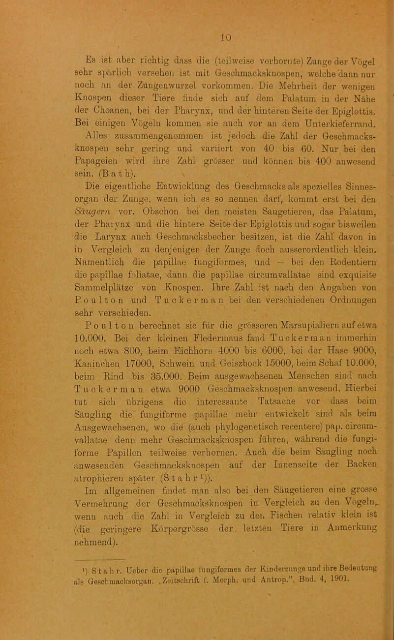Es ist ;iber richtig class die (teilweise verhornte) Zuiige der Vogel sehr sparlich versehen ist mit Geschmackskiiospen, welche dann nur noch an der Zungenwurzel vorkommen. Die Mehrheit der wenigen Knospen dieser Tiere linde sich auf clem Palatum in der Nahe der Choanen, bei der Pharynx, and der hinteren Seite der Epiglottis. Bei einigen Vugeln kommen sie auch vor an dern Unterkieferraiid, Alles zusammengenommeii ist jedoch die Zahl der Geschmacks- knospen sehr gering und vaniert von 40 bis 60. Nur bei den Papageien wird ihre Zahl grosser und konnen bis 400 anwesend sein. (B a t h). Die eigen tliche Entwicklung des Geschmacks als spezielles Sinnes- organ der Zunge, wenn ich es so nennen clarf, kommt erst bei den Sdugern vor. Obschon bei den meisten Saugetieren, das Palatum, der Pharynx und die hintere Seite der Epiglottis und sogar bisweilen die Larynx auch Geschmacksbecher besitzen, ist die Zahl davon in in Vergleich zu denjenigen der Zunge doch ausserordentlich klein. Namentlich die papillae fungilbrmes, und — bei den Rodentiern die papillae foliatae, dann die papillae circumvallatae sind exquisite Sammelplatze von Knospen. Ihre Zahl ist nach den Angaben von P 0 u 11 0 n und T u c k e r m a n bei den verschiedenen Ordnungen sehr verschieden. P 0 u 11 0 n berechnet sie fiir die gilisseren Marsupialiern auf etwa 10.000. Bei der kleinen Fledermaus fand Tucker man immerhin noch etwa 800, beim Eichhorn 4000 bis 6000, bei der Hase 9000, Kaninchen 17000, Schwein und Geiszbock 15000, beim Schaf 10.000, beim Rind bis 35.000. Beim ausgewachsenen Menschen sind nach Tucker man etwa 9000 Geschmacksknospen anwesend. Hierbei tut sich ubrio;ens die interessante Tatsache vor dass beim Saugling die fungiforme papillae mehr entwickelt sind als beim Ausgewachsenen, wo die (auch phylogenetisch recentere) pap. circum- vallatae denn mehr Geschmacksknosppn fiihren, wahrend die fungi- forme Papillen teilweise verhornen. Auch die beim Saugling noch anwesenden Geschmacksknospen auf der Innenseite der Backen atrophieren spater (S t a h r i)). Im allgemeinen findet man also bei den Saugetieren eine grosse Vermehrung der Geschmacksknospen in Vergleich zu den Vogeln,. wenn auch die Zahl in Vergleich zu den Fischeii relativ klein ist (die geringere Korpergrosse der letzten Tiere in Anmerkung nehmend). ') Stall r. Ueber die papillae fungiformes der Kinderzunge und Hire Bedentung als Geschinacksorgaii. „Zeitsclirift 1. Morph, und Antrop. , Bud. 4, 1901.