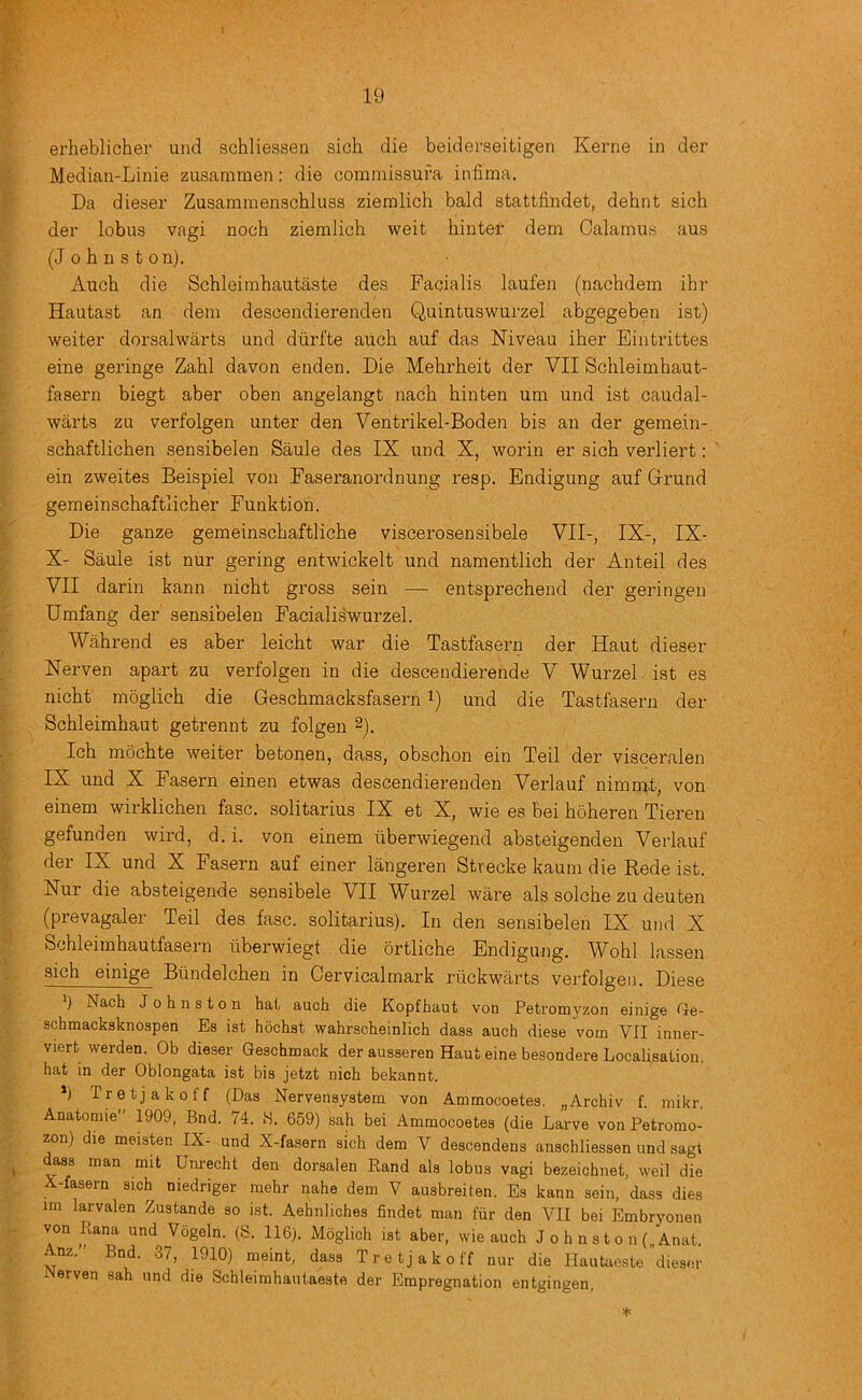 erheblicher und schliessen sich die beidei-seitigen Kerne in der Median-Linie zusammen: die commissufa infima. Da dieser Zusamnienschluss ziemlich bald stattfindet, dehnt sich der lobus vagi noch ziemlich weit hintef dem Calamus aus (J 0 h II s t on). Auch die SchleimhautAste des Facialis laufen (nachdem ihr Hautast an dem descendierenden Quintuswurzel abgegeben ist) weiter dorsalwarts und diirfte auch auf das Niveau iher Eintrittes eine geringe Zahl davon enden. Die Mehrheit der VII Schleimhaut- fasern biegt aber oben angelangt nach hinfcen um und ist caudal- warts zu verfolgen unter den Ventrikel-Boden bis an der gemein- schaftlichen sensibelen Saule des IX und X, worin er sich verliert: ein zweites Beispiel von Faseranordnung resp. Endigung auf Grund gemeinschaftlicher Funktioh. Die ganze gemeinschaftliche viscerosensibele VII-, IX-, IX- X- Saule ist nur gering entwickelt und namentlich der Anteil des VII darin kann nicht gross sein — entsprechend der geringen Umfang der sensibelen Facialiswurzel. Wahrend es aber leicht war die Tastfasern der Haut dieser Nerven apart zu verfolgen in die descendierehde V Wurzel ist es nicht moglich die Geschmacksfasern i) und die Tastfasern der Schleimhaut getrennt zu folgen Ich mochte weiter betonen, dass, obschon ein Teil der visceralen IX und X Fasern einen etwas descendierenden Verlauf nimmt, von einem wirklichen fasc. solitarius IX et X, wie es bei hoheren Tieren gefunden wird, d. i. von einem iiberwiegend absteigenden Verlauf der IX und X Fasern auf einer langeren Strecke kaum die Rede ist. Nur die absteigende sensibele VII Wurzel ware als solche zu deuten (prevagaler Teil des fasc. solitarius). In den sensibelen IX und X Schleimhautfasern iiberwiegt die ortliche Endigung. Wohl lassen sich einige Biindelchen in Cervicalrnark riickwilrts verfolgen. Diese ) Nach Johnston hat auch die Kopfhaut von Petromyzon einige Ge- schmacksknoapen Es ist hdchst wahrscheinlich dass auch diese vom VII inner- viert werden. Ob dieser Geschmack der ausaeren Haut eine besondere Localisation, hat in der Oblongata ist bis jetzt nich bekannt. *) Tretjak off (Das Nervensyatem von Ammocoetes. „Archiv f. mikr. Anatomie 1909, End. 74. M. 659) sah bei Ammocoetes (die Larve von Petronio- zon) die meiaten IX- und X-fasern sich dem V descendens anschliessen und sagi dass man mit Unrecht den dorsalen Rand als lobus vagi bezeichnet, weil die X-fasern sich niedriger mehr nahe dem V ausbreiten. Es kann sein, dass dies im larvalen Zustande so ist. Aehnliches findet man fiir den VII bei Embryonen von Rana und Vogeln. (S. 116). Moglich ist aber, wie auch J o h n s t o n („ Anat. Anz.” End. 37, 1910) meint, dass Tretjak off nur die Ilantaeste’’dieser iNerven sah und die Schleimhantaeste der Empregnation entgingen, *
