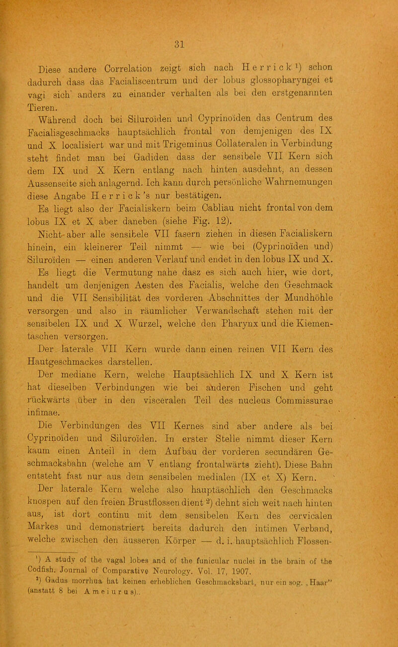 Diese andere Correlation zeigt aich nach H e r r i c k schon dadurch dass das Facialiscentrum and der lobus glossopharyngei et vagi sich anders za einander verhalten als bei den erstgenannten Tieren. Wabrend doch bei Siluroiden und Cyprinoiden das Centrum des Facialisgeschmacks bauptsacblicli frontal von demjenigen des IX und X localisiert war und mit Trigeminus Collateralen in Verbindung steht findet man bei Gadiden dass der sensibele VII Kern sich dem IX und X Kern entlang nach hinten ausdehnt, an dessen Aussenseite sich anlagernd. Ich kann durch personliche Wahrnemungen diese Angabe H e r r i c k’s nur bestatigen. Es liegt also der Facialiskern beim Cabliau nicht frontal von dem lobus IX et X aber daneben (siehe Fig. 12). Nicht- aber alle sensibele VII fasern ziehen in diesen Facialiskern hinein, ein kleinerer Teil nimmt — wie bei (Cyprinoiden und) Siluroiden — einen anderen Verlauf und endet in den lobus IX und X. Es liegt die Vermutung nahe dasz es sich auch hier, wie dort, handelt um denjenigen Aesten des Facialis, welche den Geschmack und die VII Sensibilitat des vorderen Abschnittes der Mundhohle versorgen und also in raumlicher Verwandschaft stehen mit der sensibelen IX und X Wurzel, welche den Pharynx und die Kiemen- taschen versorgen. Der laterale VII Kern wurde dann einen reinen VII Kern des Hautgeschmackes darstellen. Der mediane Kern, welche Hauptsachlich IX und X Kern ist hat dieselben Verbindungen wie bei aiideren Fischen und geht riickwarts iiber in den visceralen Teil des nucleus Commissurae infimae. Die Verbindungen des VII Kernes sind aber andere als bei Cyprinoiden und Siluroiden. In erster Stelle nimmt dieser Kern kaum einen Anteil in dem Aufbau der vorderen secundaren Ge- schmacksbahn (welche am V entlang frontalwarts zieht). Diese Bahn entsteht fast nur aus dem sensibelen medialen (IX et X) Kern. Der laterale Kern welche also hauptaschlich den Geschmacks kiiospen auf den freien Brustflossen dient ^) dehnt sich weit nach hinten aus, ist dort continu mit dem sensibelen Keim des cervicalen Markes und demonstriert bereits dadurch den intimen Verband, welche zwi.schen den ausseren Korper — d. i. hauptsachlich Flossen- ') A study of the vagal lobes and of the funicular nuclei in the brain of the Codfish. Journal of Comparative Neurology. Vol. 17, 1907. *) Gadus morrliua hat keinen eiiieblichen Geschmacksbart, nur ein sog. „Haar” (anstatt 8 bei A m e i u r u s)..