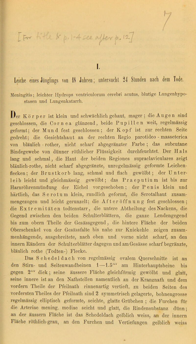 Leiche eines Jünglings von 18 Jahren; untersucht 24 Stunden nach dem Tode. Meningitis; leichter Hydrops ventriculorum cerebri acutus, blutige Lungenhypo- stasen und Lungenkatarrh. Der Körper ist klein und schwächlich gebaut, mager; die Augen sind geschlossen, die Cornea glänzend, beide Pupillen weit, regelmässig geformt; der Mund fest geschlossen; der Kopf ist zur rechten Seite gedreht; die Gesichtshaut an der rechten Regio parotideo - masseterica von bläulich - rother, nicht scharf abgegränzter Farbe; das subcutane Bindegewebe von dünner röthlicher Flüssigkeit durchfeuchtet. Der Hals lang und schmal, die Haut der beiden Regiones supraclaviculares zeigt bläulich-rothe, nicht scharf abgegränzte, unregelmässig geformte Leichen- flecken; der Brustkorb lang, schmal und flach gewölbt; der Unter- leib leicht und gleichmässig gewölbt; das Praeputium ist bis zur Harnröhrenmündung der Eichel vorgeschoben; der Penis klein und härtlick, das Sero tum klein, rundlich geformt, die Scrotalhaut zusam- mengezogen und leicht gerunzelt; die After Öffnung fest geschlossen; die Extremitäten todtenstarr, die untere Abtheilung des Nackens, die Gegend zwischen den beiden Schulterblättern, die ganze Lendengegend bis zum obern Theile der Gesässgegeud, die hintere Fläche der beiden Oberschenkel von der Gesässfalte bis nahe zur Kniekehle zeigen zusam- menhängende, ausgebreitete, nach oben und vorne nicht scharf, an den innern Rändern der Schulterblätter dagegen und am Gesässe scharf begränzte, bläulich rotke (Todten-) Flecke. Das Schedeldach von regelmässig ovalem Querschnitte ist an den Stirn- und Seitenwandbeinen 1—1.5' am Hinterhauptsbeine bis gegen 2' dick; seine äussere Fläche gleichförmig gewölbt und glatt, seine innere ist an den Natkstellen namentlich an der Kranznath und dem vordem Theile der Pfeilnath rinnenartig vertieft, zu beiden Seiten des vordersten Theiles der Pfeilnath sind 2 symmetrisch gelagerte, bohnengrosse regelmässig elliptisch geformte, seichte, glatte Grübchen ; die Furchen für die Arteriae mening. mediae seicht und glatt, die Rindensubstanz dünn; an der äussern Fläche ist das Schedeldach gelblich weiss, an der innern Fläche röthlich-grau, an den Furchen und Vertiefungen gelblich weiss