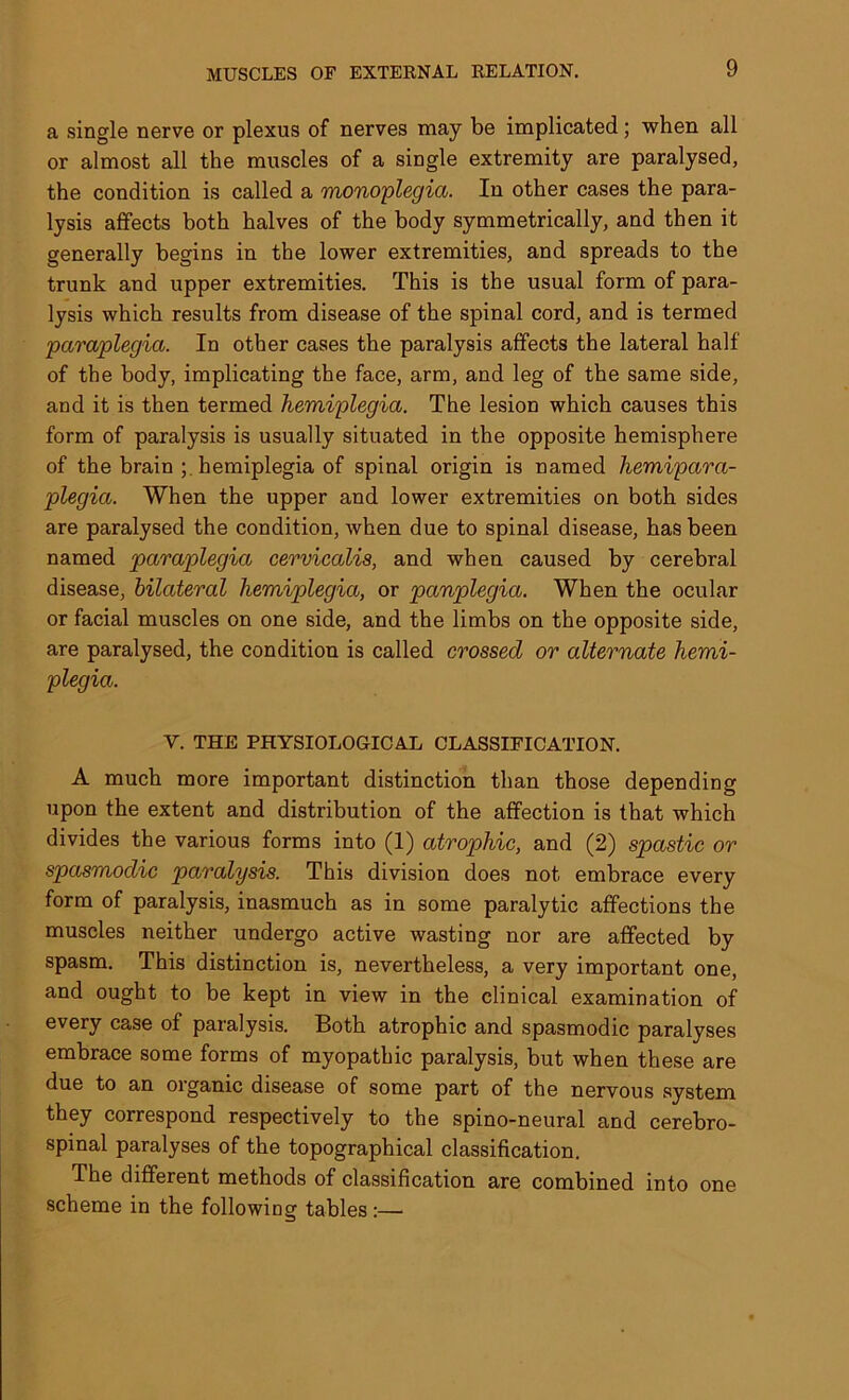 a single nerve or plexus of nerves may be implicated; when all or almost all the muscles of a single extremity are paralysed, the condition is called a monoplegia. In other cases the para- lysis affects both halves of the body symmetrically, and then it generally begins in the lower extremities, and spreads to the trunk and upper extremities. This is the usual form of para- lysis which results from disease of the spinal cord, and is termed paraplegia. In other cases the paralysis affects the lateral half of the body, implicating the face, arm, and leg of the same side, and it is then termed hemiplegia. The lesion which causes this form of paralysis is usually situated in the opposite hemisphere of the brain hemiplegia of spinal origin is named hemipara- plegia. When the upper and lower extremities on both sides are paralysed the condition, when due to spinal disease, has been named paraplegia cervicalis, and when caused by cerebral disease, bilateral hemiplegia, or panplegia. When the ocular or facial muscles on one side, and the limbs on the opposite side, are paralysed, the condition is called crossed or alternate hemi- plegia. V. THE PHYSIOLOGICAL CLASSIFICATION. A much more important distinction than those depending upon the extent and distribution of the affection is that which divides the various forms into (1) atrophic, and (2) spastic or spasmodic paralysis. This division does not embrace every form of paralysis, inasmuch as in some paralytic affections the muscles neither undergo active wasting nor are affected by spasm. This distinction is, nevertheless, a very important one, and ought to be kept in view in the clinical examination of every case of paralysis. Both atrophic and spasmodic paralyses embrace some forms of myopathic paralysis, but when these are due to an organic disease of some part of the nervous system they correspond respectively to the spino-neural and cerebro- spinal paralyses of the topographical classification. The different methods of classification are combined into one scheme in the followmg tables:—