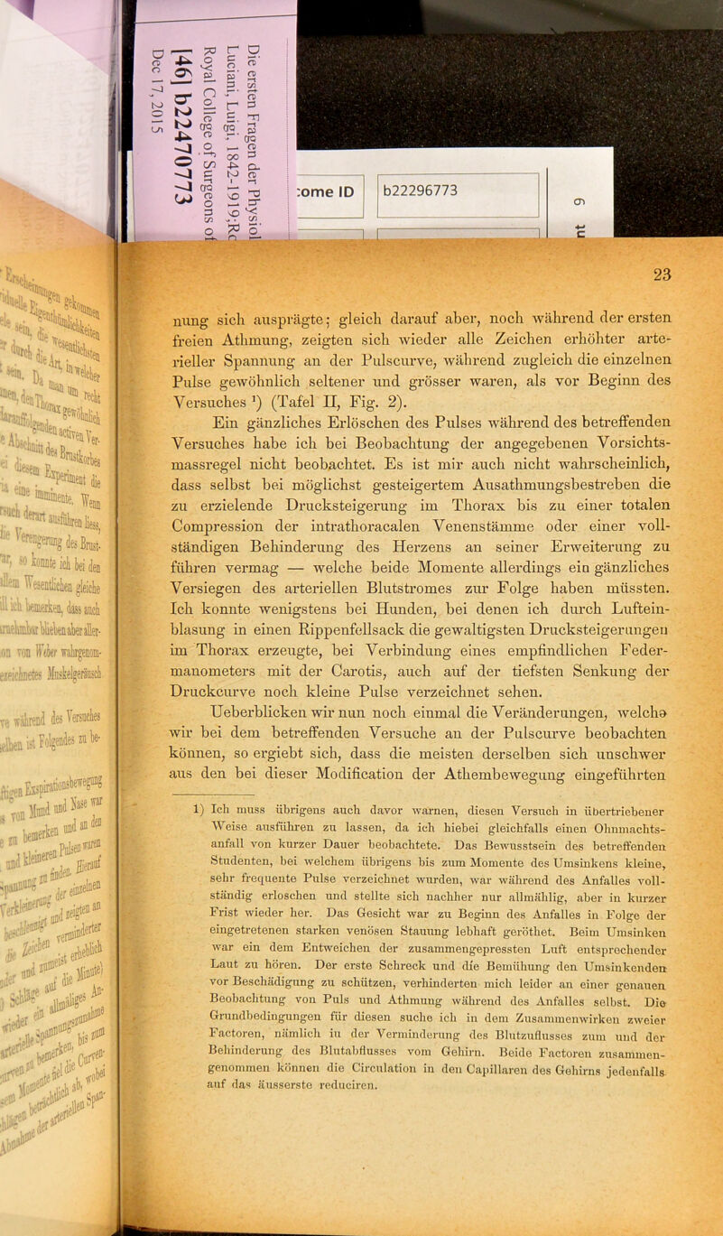 ele^'W. • % Da^et ^ ^ Hi(B11111 reclit L.-*, ,tiei1 activen Ver au8ctoittde«I :1 'üe.sem ß * eine lnJ »lieh ¥rimeit dje [• 'ffei .ess. des Brust. l w KOI 1 icb liemerken, dass auch Khffikrblieknaberafe- n von ffekr wahrgenom- zeichnetes vährend des Versi s zu eiben w igea^ von enirationsbewegung war an den puls® iß® T deren *0* rerminderter ™ - etneDU 1,1 L ^,|J ^ Ac< Jfi* nung sich ausprägte; gleich darauf aber, noch während der ersten freien Athmung, zeigten sich wieder alle Zeichen erhöhter arte- rieller Spannung an der Pulscurve, während zugleich die einzelnen Pulse gewöhnlich seltener und grösser waren, als vor Beginn des Versuches ’) (Tafel II, Fig. 2). Ein gänzliches Erlöschen des Pulses während des betreffenden Versuches habe ich bei Beobachtung der angegebenen Vorsichts- massregel nicht beobachtet. Es ist mir auch nicht wahrscheinlich, dass selbst bei möglichst gesteigertem Ausathmungsbestreben die zu erzielende Drucksteigerung im Thorax bis zu einer totalen Compression der intrathoracalen Venenstämme oder einer voll- ständigen Behinderung des Herzens an seiner Erweiterung zu führen vermag — welche beide Momente allerdings ein gänzliches Versiegen des arteriellen Blutstromes zur Folge haben müssten. Ich konnte wenigstens bei Hunden, bei denen ich durch Luftein- blasung in einen Rippenfellsack die gewaltigsten Drucksteigerungen im Thorax erzeugte, bei Verbindung eines empfindlichen Feder- manometers mit der Carotis, auch auf der tiefsten Senkung der Druckcurve noch kleine Pulse verzeichnet sehen. Ueberblicken wir nun noch einmal die Veränderungen, welch» wir bei dem betreffenden Versuche an der Pulscurve beobachten können, so ergiebt sich, dass die meisten derselben sich unschwer aus den bei dieser Modification der Athembewegung eingeführten 1) Ich muss übrigens auch davor warnen, diesen Versuch in übertriebener Weise ausfuhren zu lassen, da ich hiebei gleichfalls einen Ohnmachts- anfall von kurzer Dauer beobachtete. Das Bewusstsein des betreffenden Studenten, bei welchem übrigens bis zum Momente des Umsinkens kleine, sehr frequente Pulse verzeichnet wurden, war während des Anfalles voll- ständig erloschen und stellte sich nachher nur allmählig, aber in kurzer Frist wieder her. Das Gesicht war zu Beginn des Anfalles in Folge der eingetretenen starken venösen Stauung lebhaft geröthet. Beim Umsinken war ein dem Entweichen der zusammengepressten Luft entsprechender Laut zu hören. Der erste Schreck und die Bemühung den Umsinkenden vor Beschädigung zu schützen, verhinderten mich leider an einer genauen Beobachtung von Puls und Athmung während des Anfalles selbst. Die Grundbedingungen für diesen suche ich in dem Zusammenwirken zweier Factoren, nämlich iu der Verminderung des Blutzuflusses zum und der Behinderung des Blutabflusses vom Gehirn. Beide Factoren zusammen- genommen können die Circulation in den Capillaren des Gehirns jedenfalls auf das äusserste reduciren.